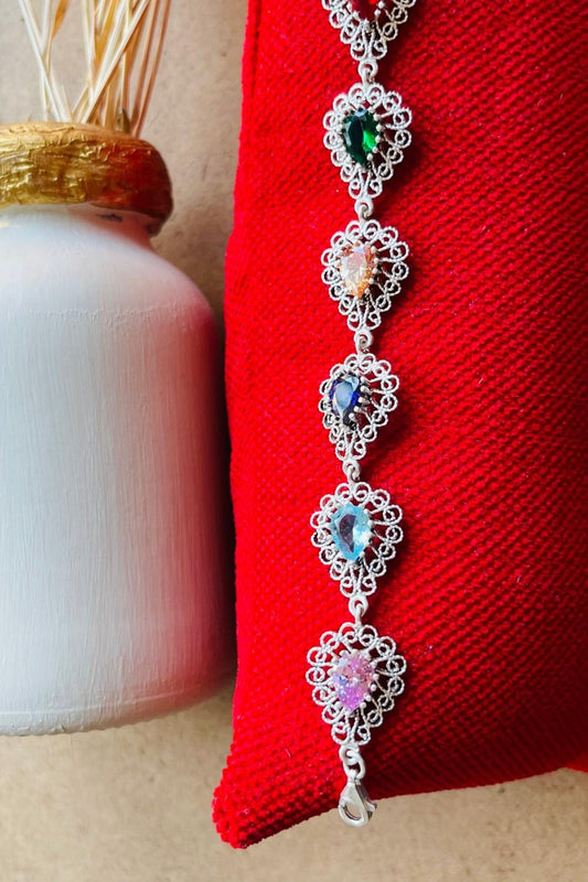 Sterling Silver Filigree Art Colorful Gemstone Link Bracelet