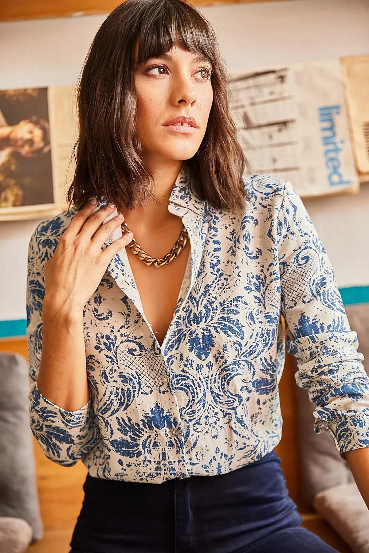 Sophia Blue Floral Designer Button Down Shirt