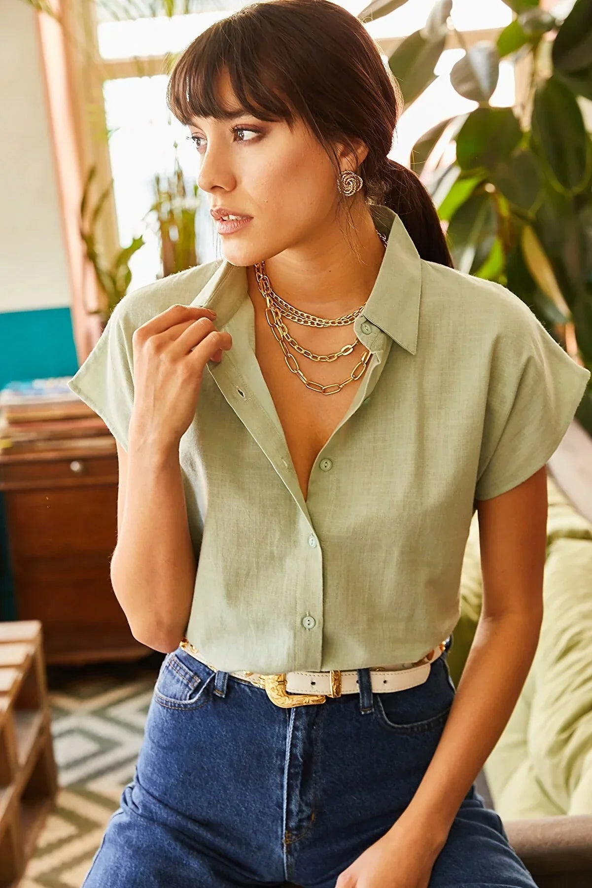 Adele Soft Green Linen Blend Short Sleeve Button-Down Shirt