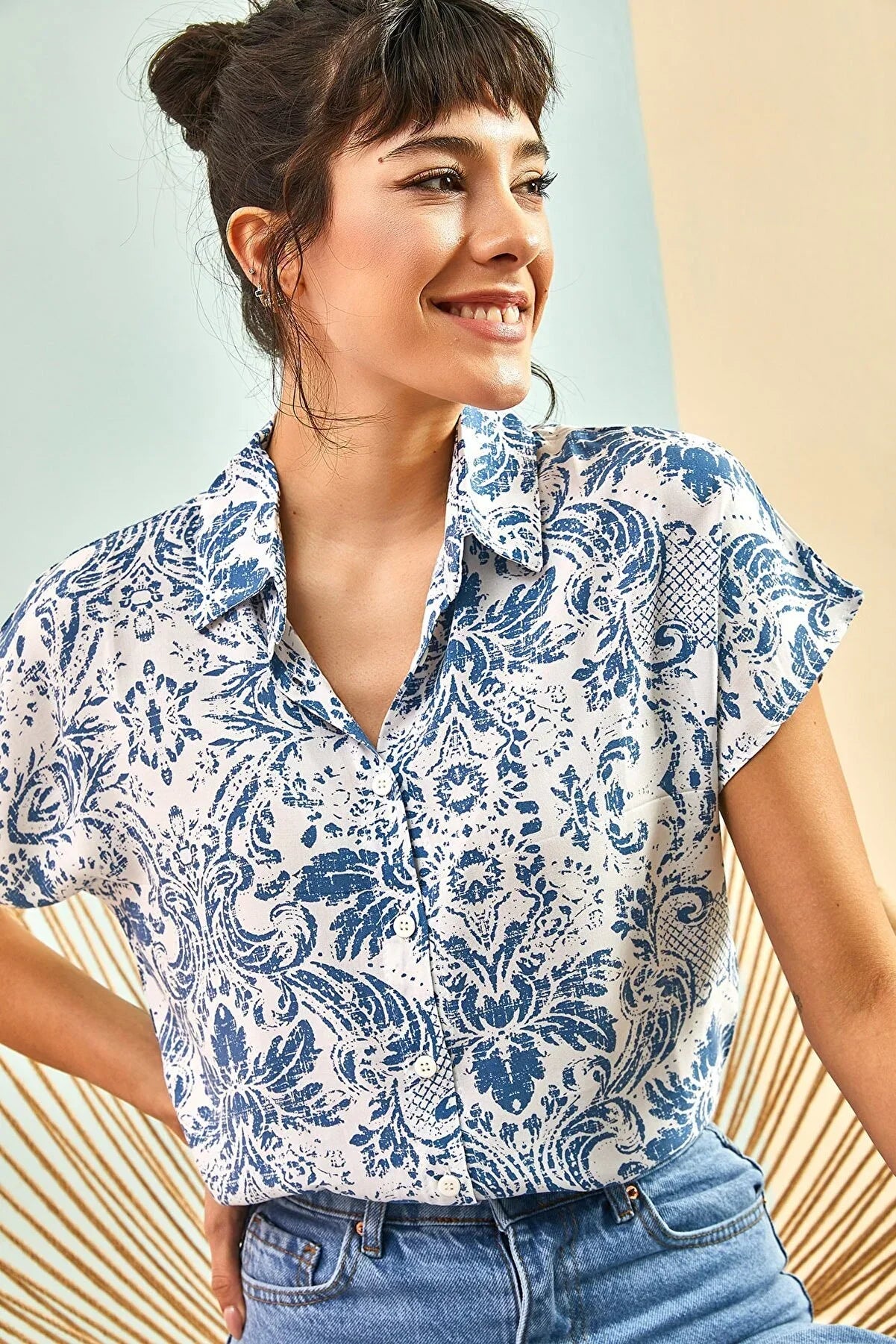 Beverly Blue Floral Short Sleeve Button-Down Shirt
