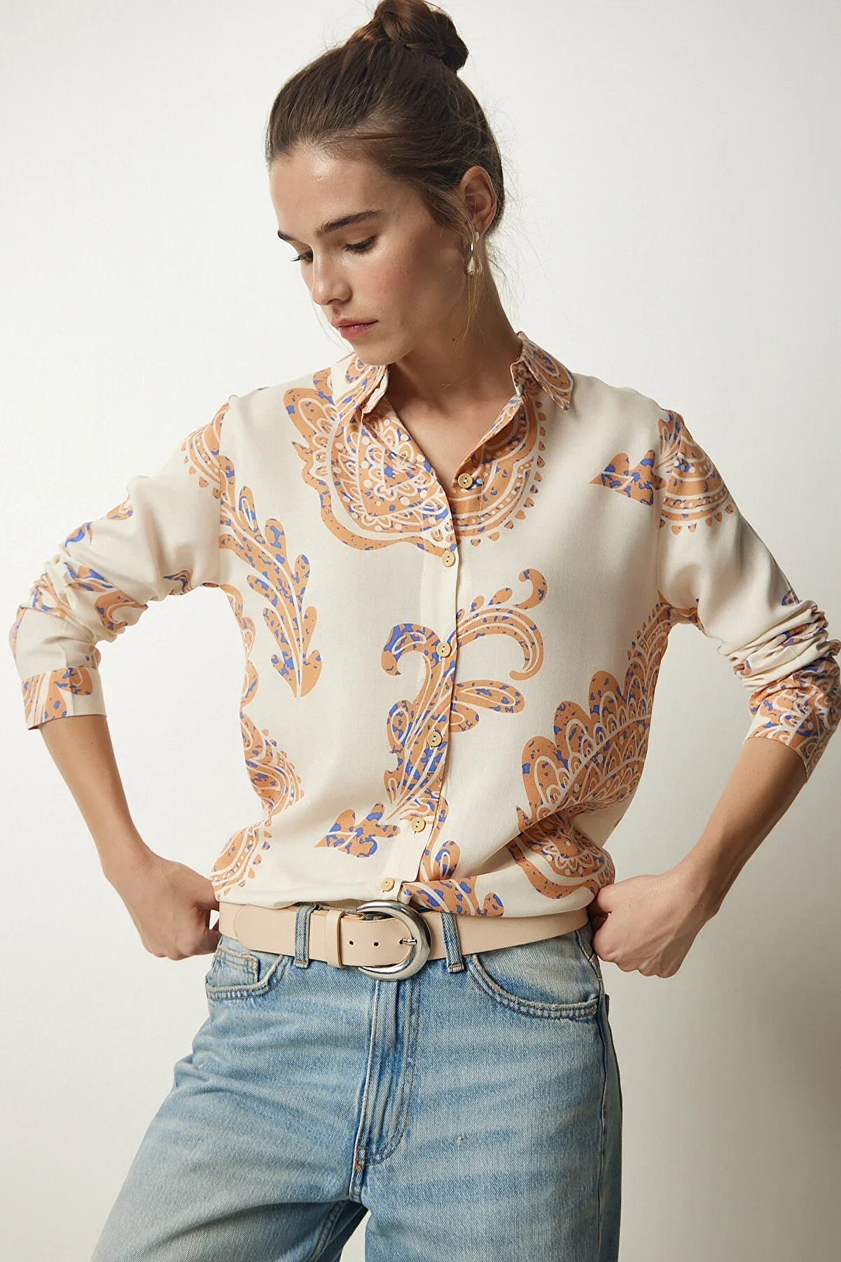 Sophia Soft Orange Floral Button Down Shirt