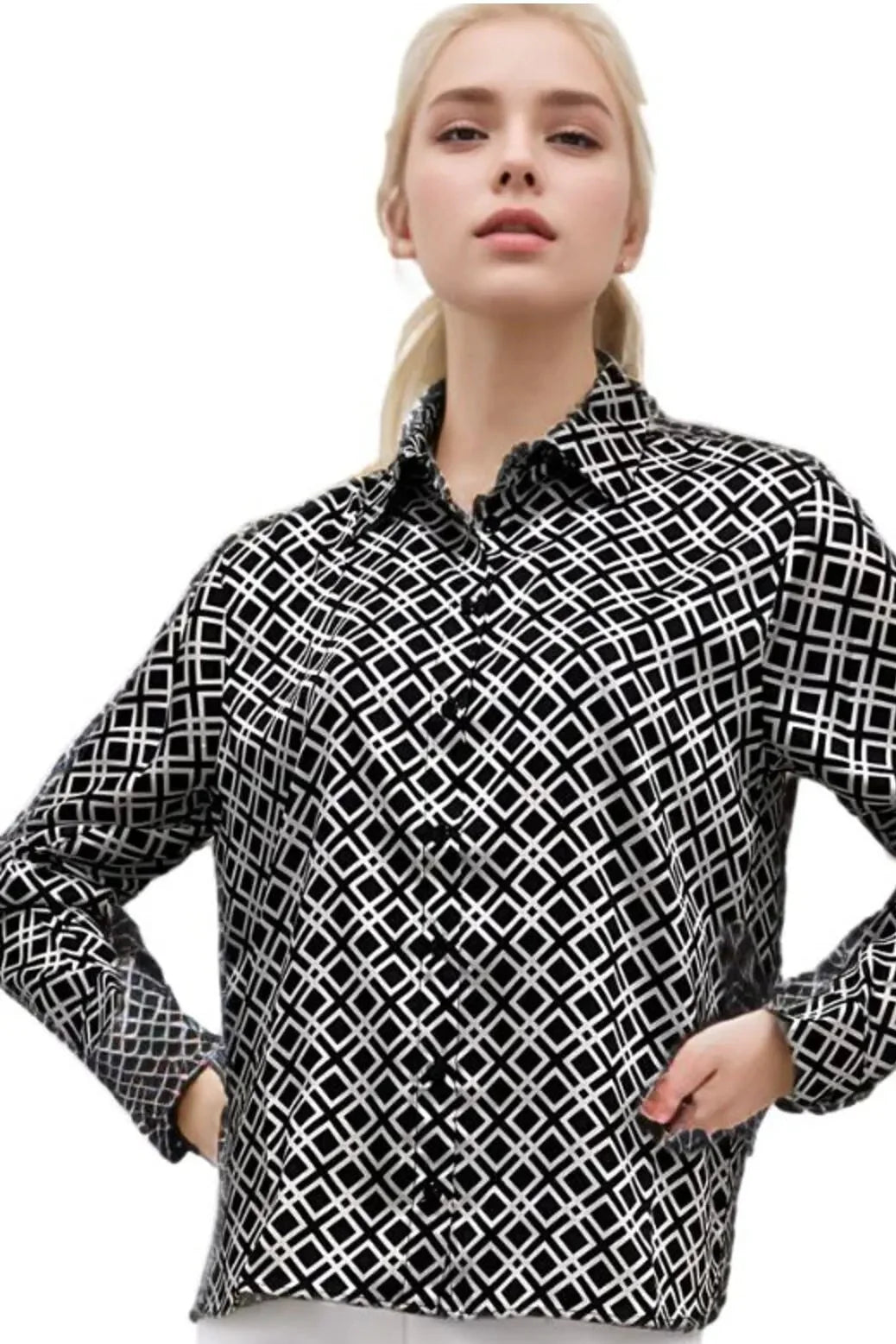 Black White Satin  Button-Down Shirt