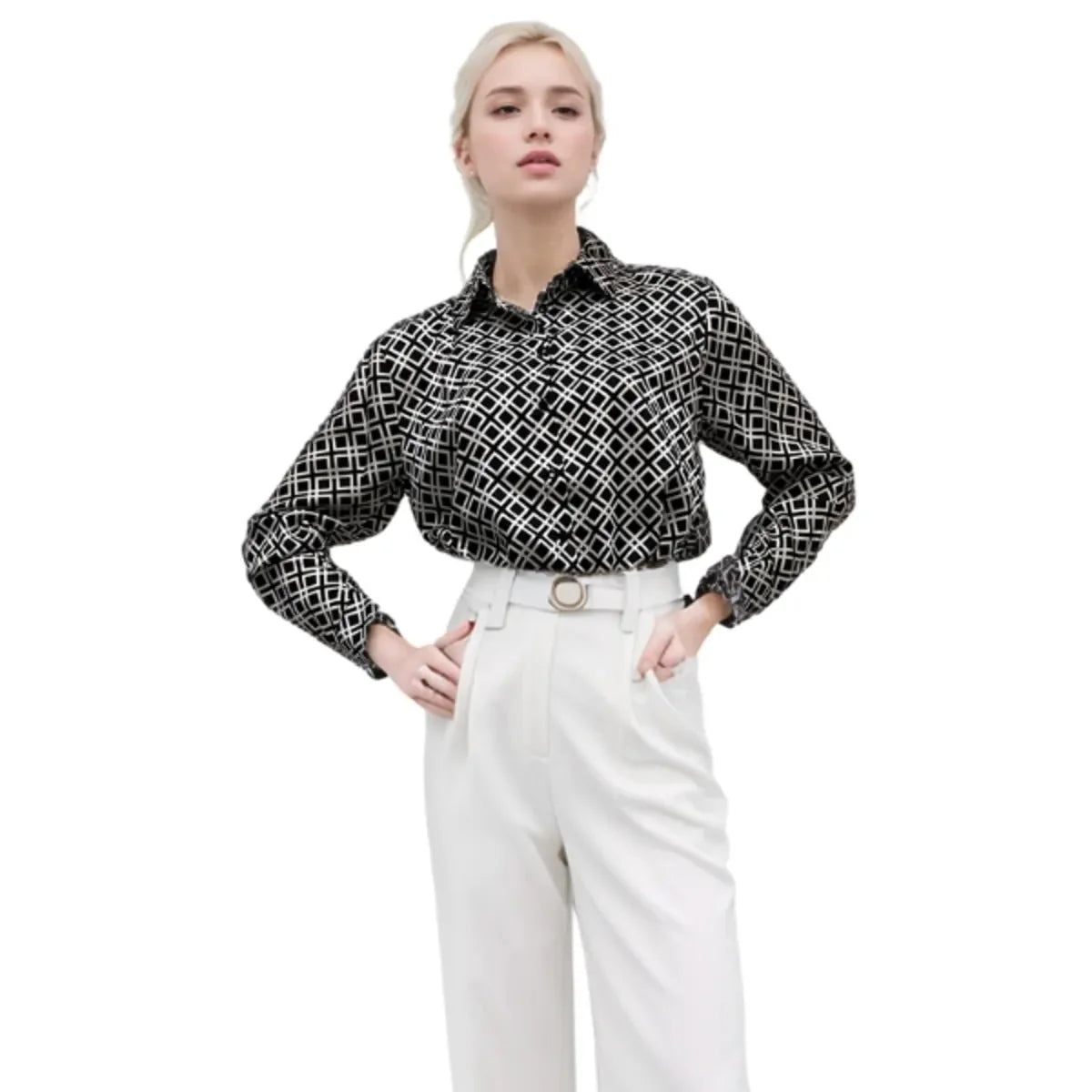 Black White Satin  Button-Down Shirt