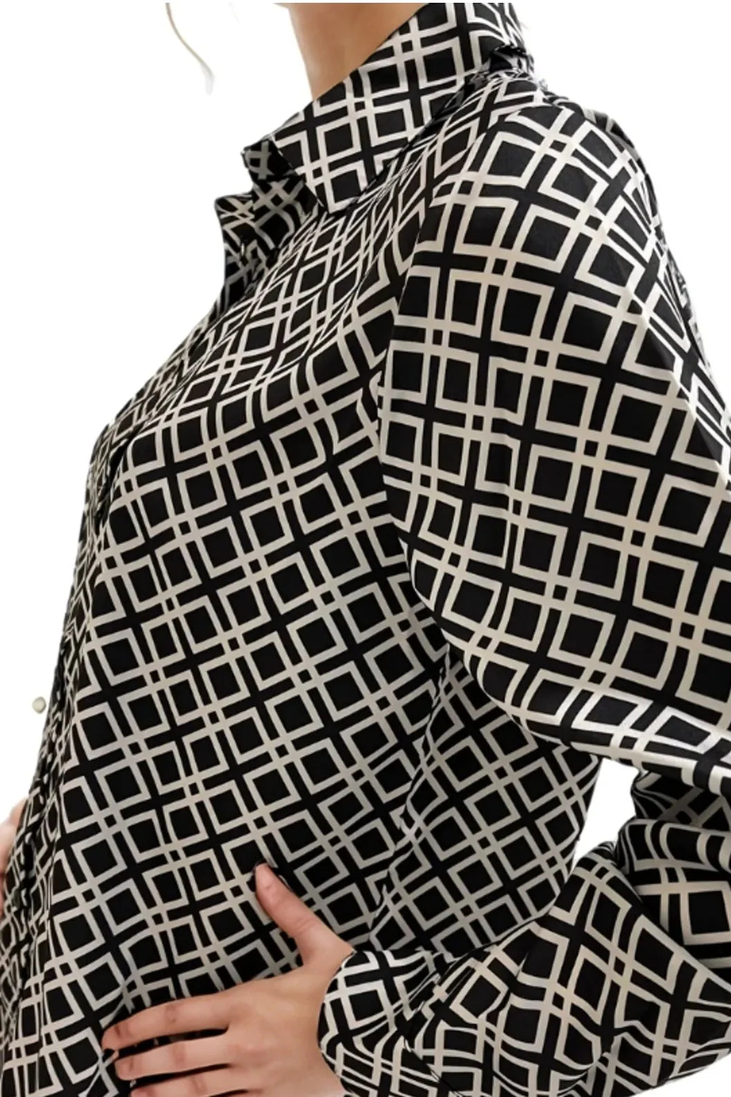 Black White Satin  Button-Down Shirt