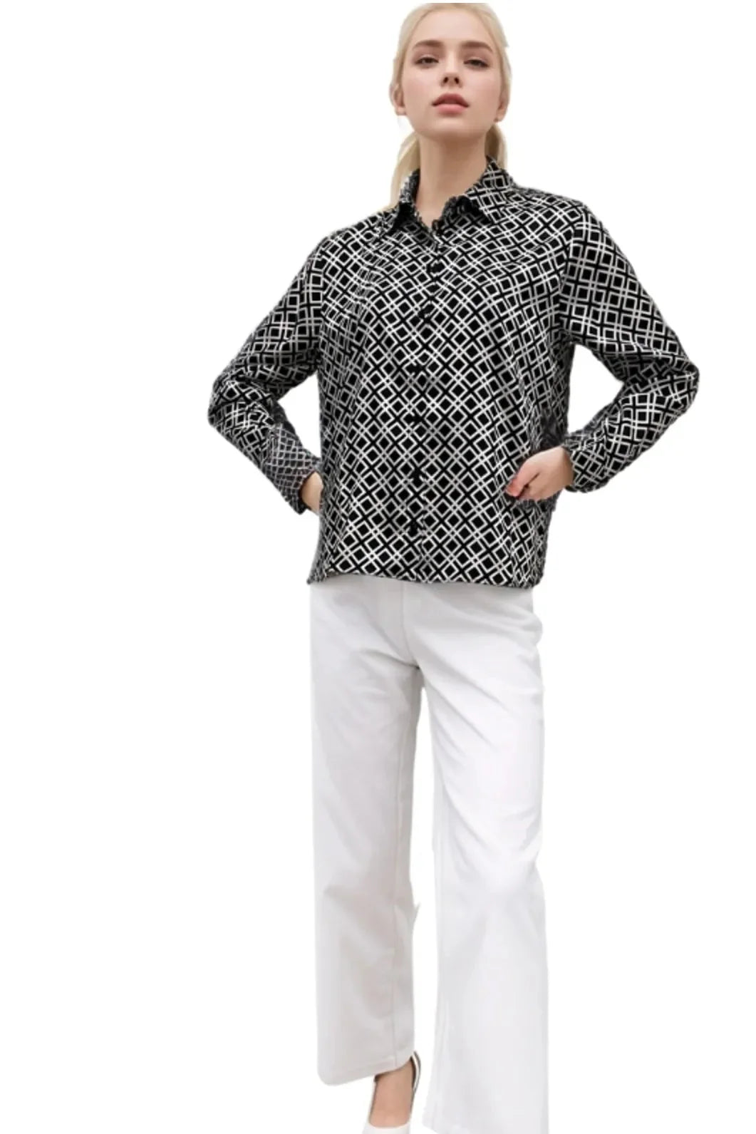 Black White Satin  Button-Down Shirt
