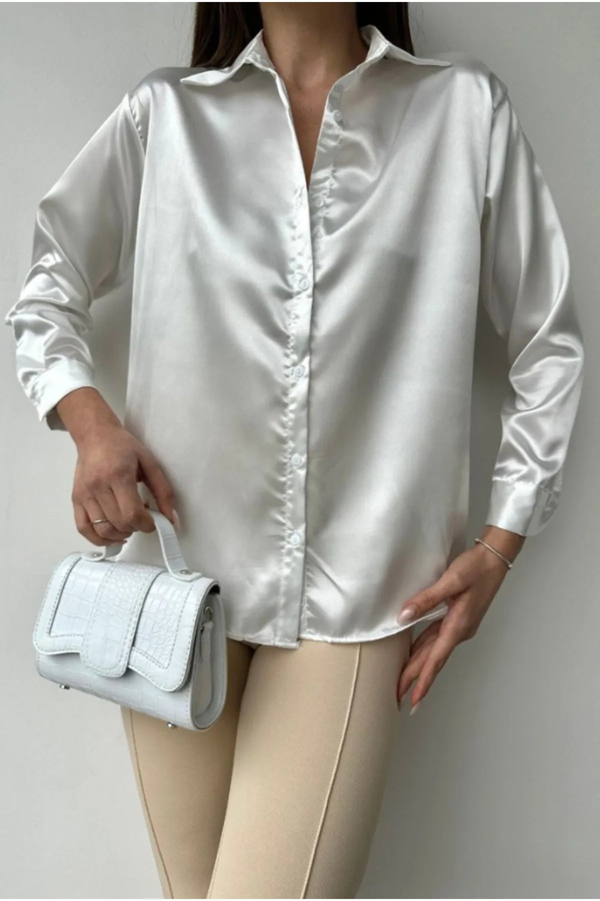 Melissa Ecru Satin Loose Button-Down Shirt