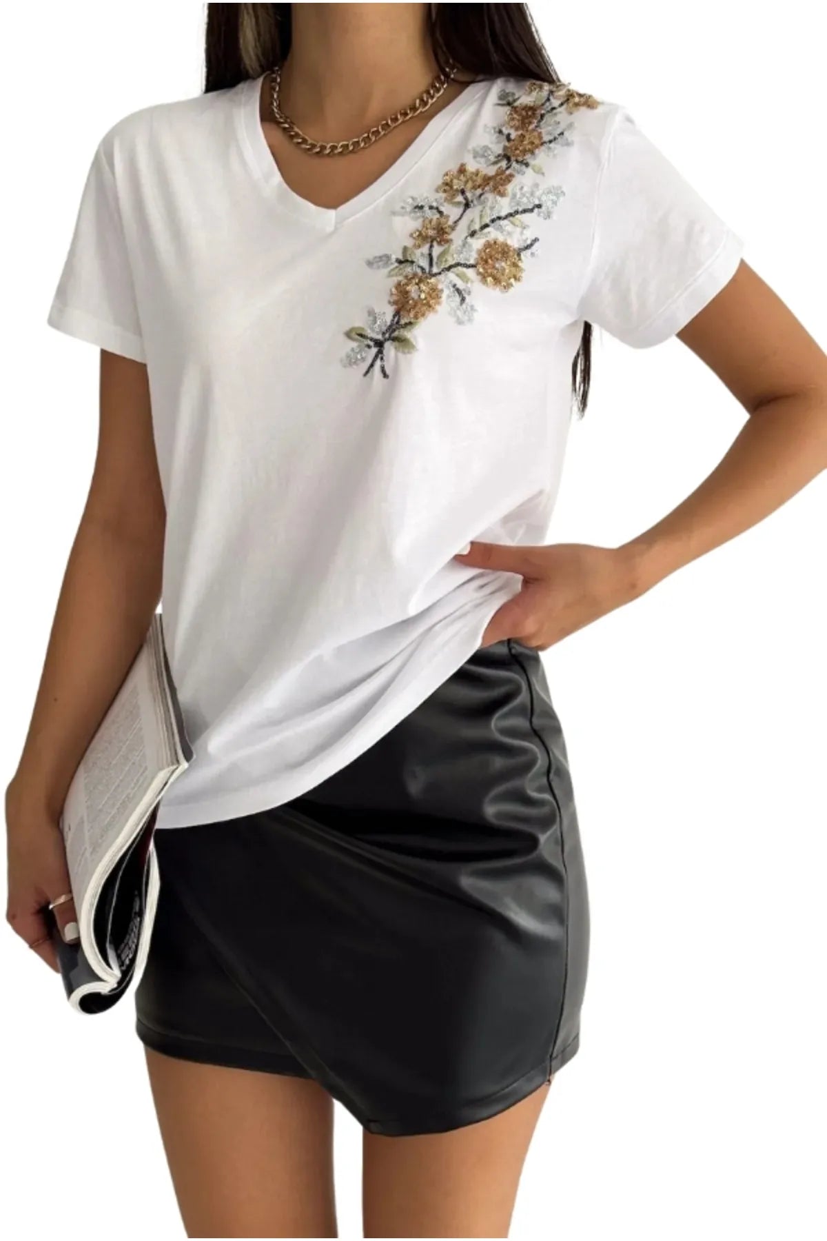 Tilda Gold Floral Embroidered Cotton Short Sleeve T-Shirt - White