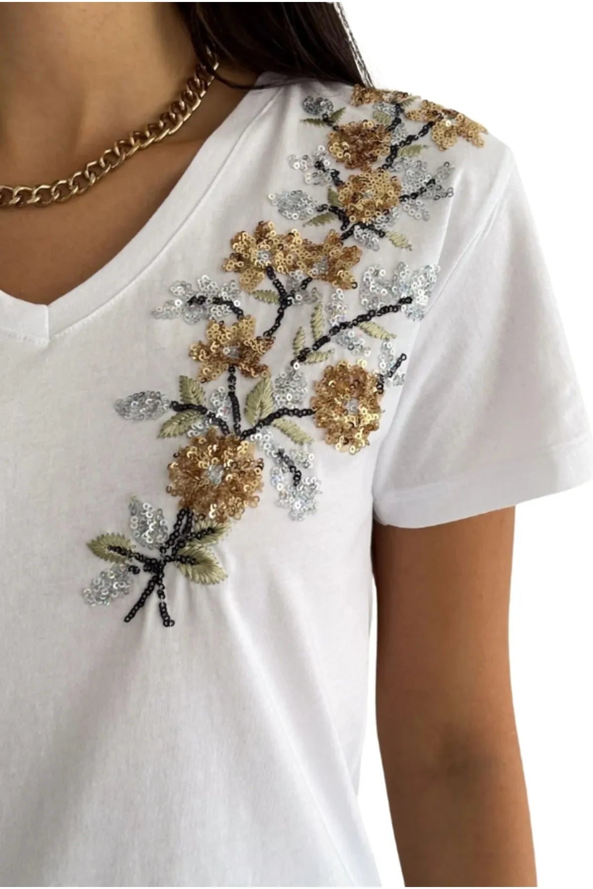 Tilda Gold Floral Embroidered Cotton Short Sleeve T-Shirt - White