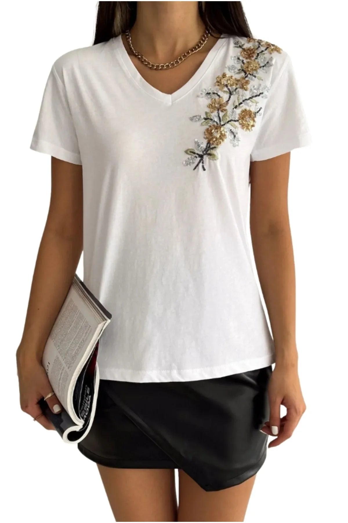 Tilda Gold Floral Embroidered Cotton Short Sleeve T-Shirt - White