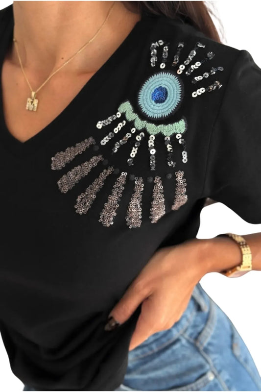 Tilda Black Evil Eye Sequin T-Shirt