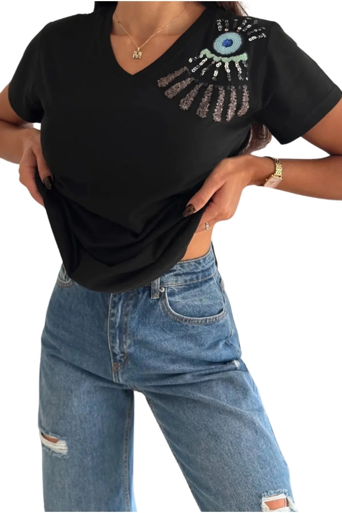 Tilda Black Evil Eye Sequin T-Shirt