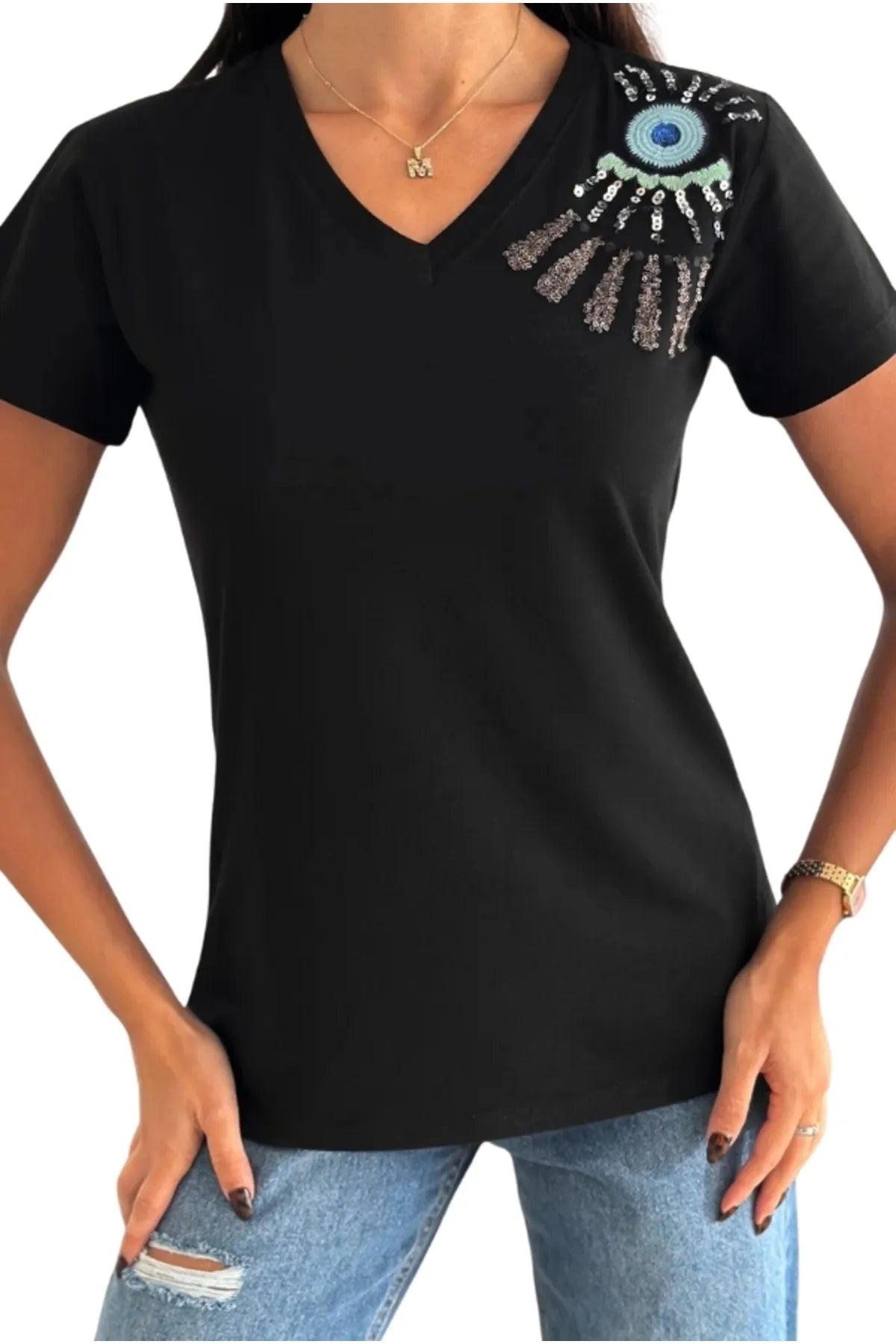 Tilda Black Evil Eye Sequin T-Shirt