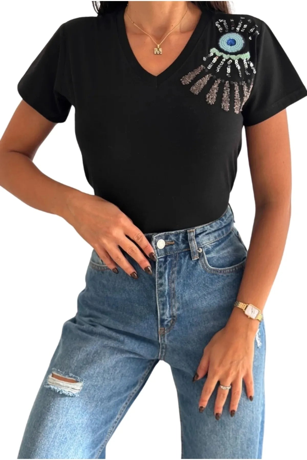 Tilda Black Evil Eye Sequin T-Shirt