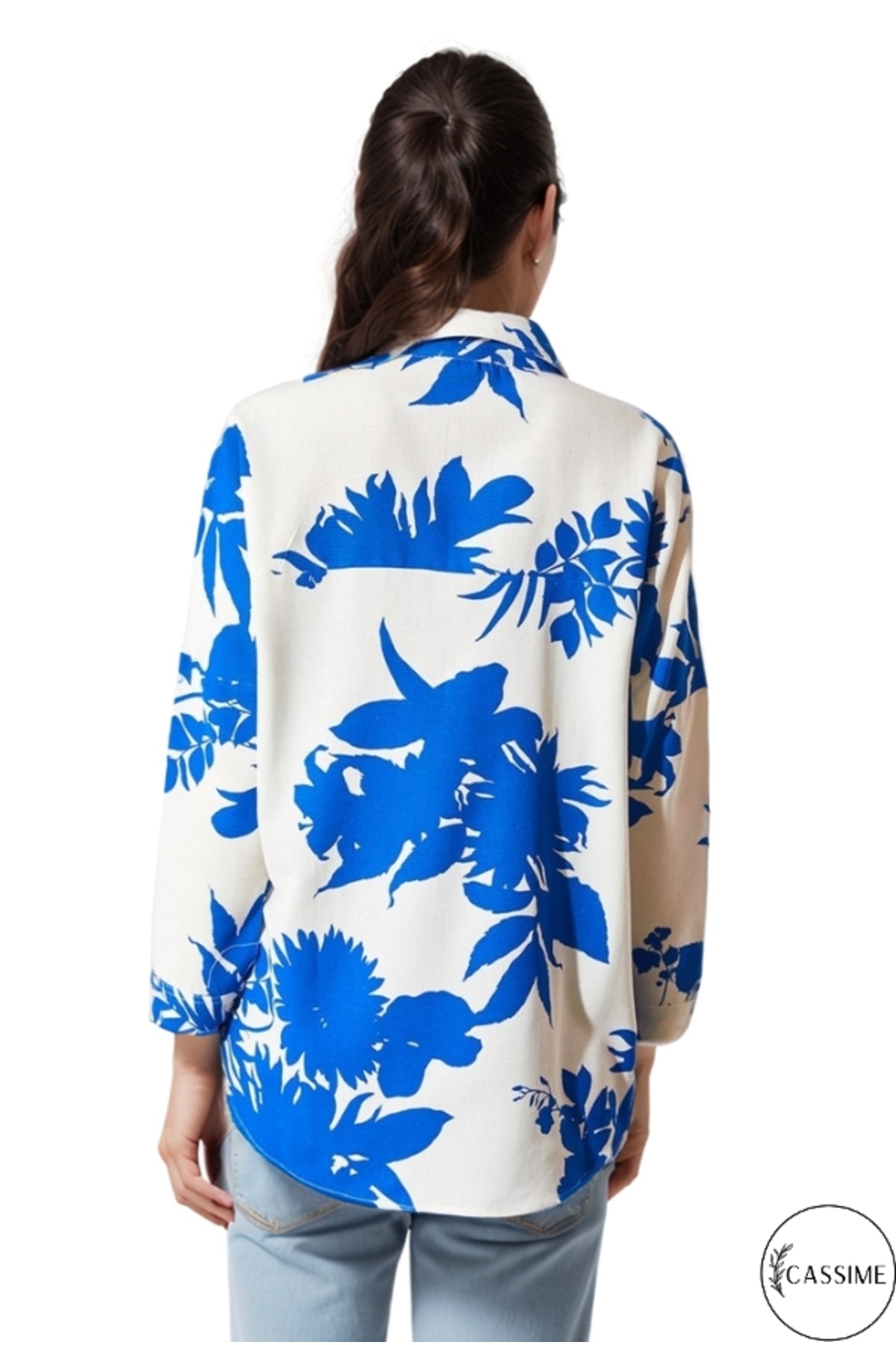 Emilia Women's Linen-Viscose Blend Oversized Printed Shirt - Blue Leaf Floral