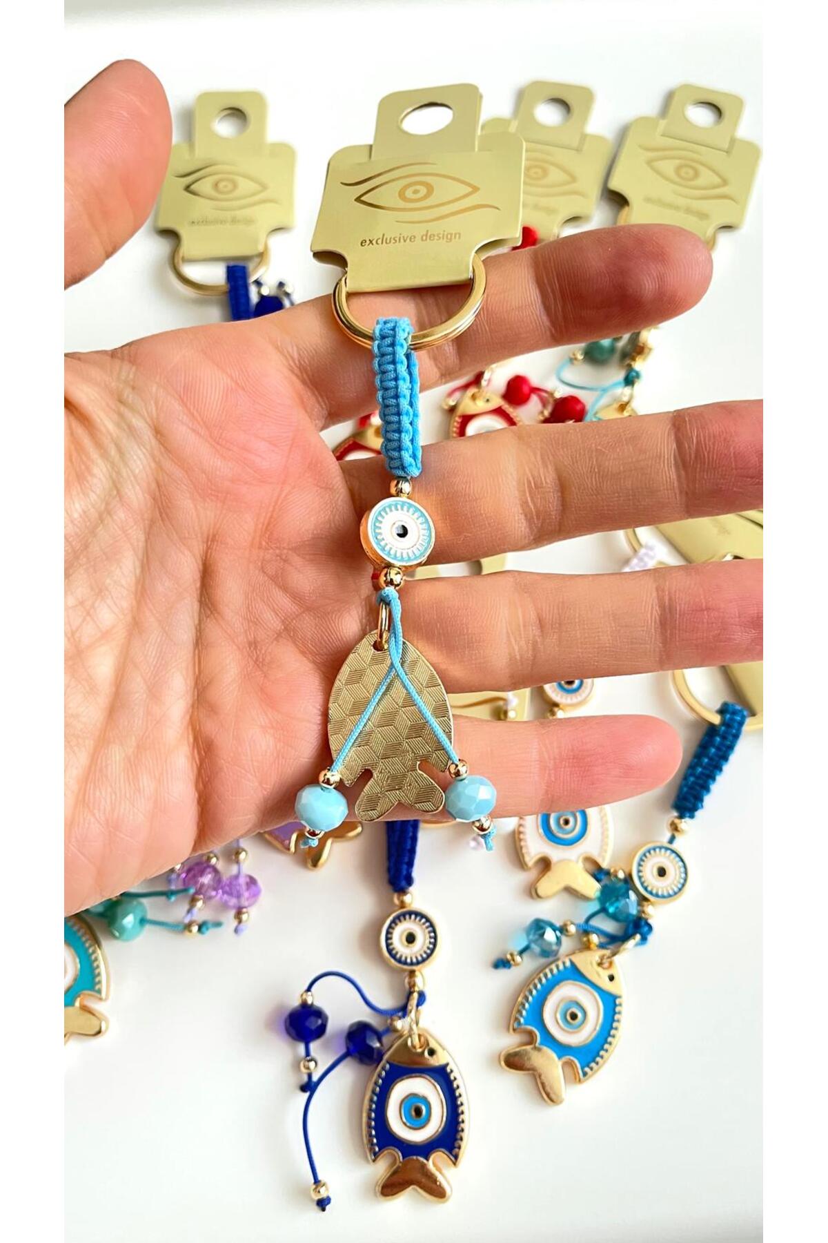 Ivy Gold-Plated Evil Eye Keychain - Light Blue Fish Design