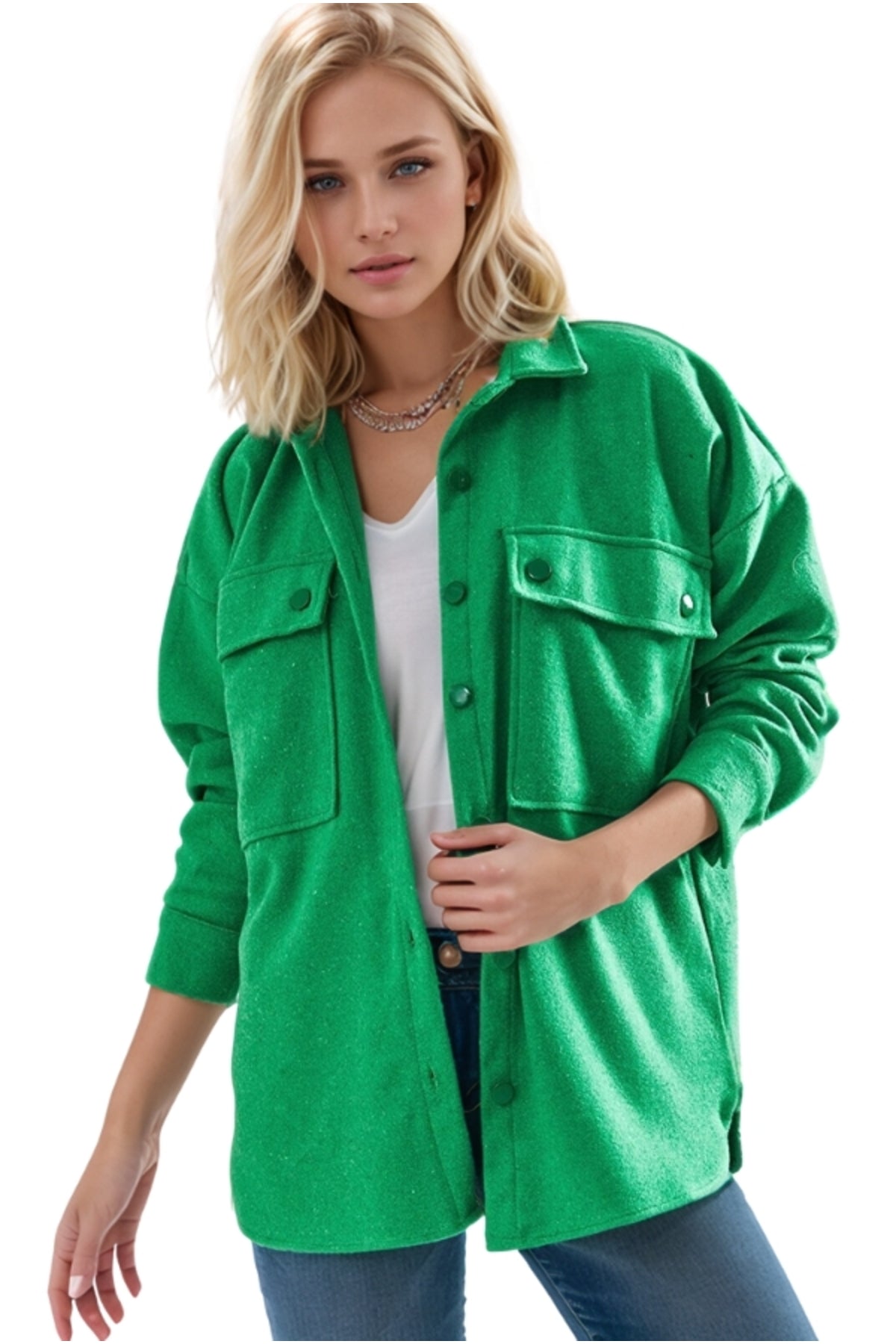Mabel Women's Felted Fabric Shacket - Grass Green
