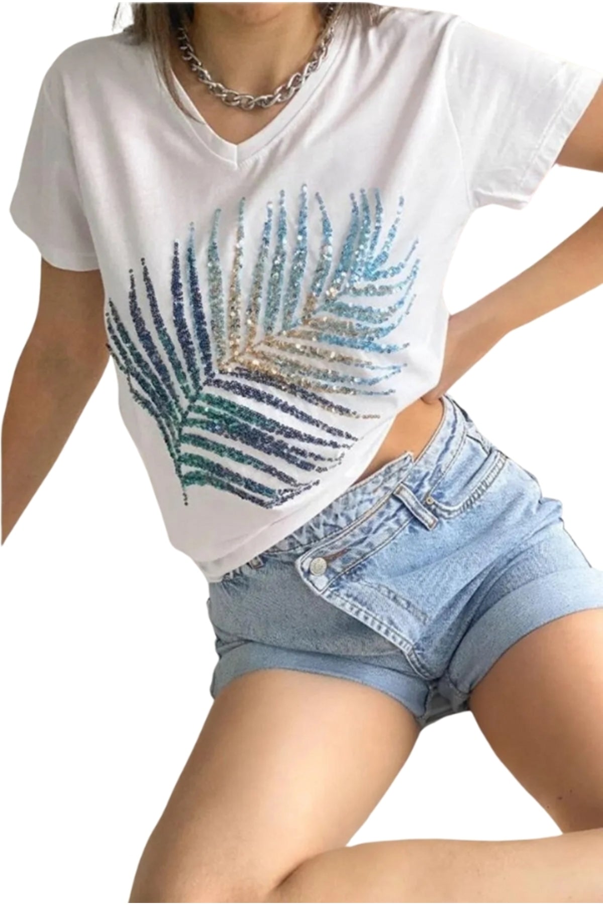 Sophie Women's Cotton Embellished V-Neck T-Shirt - White Leaf Print