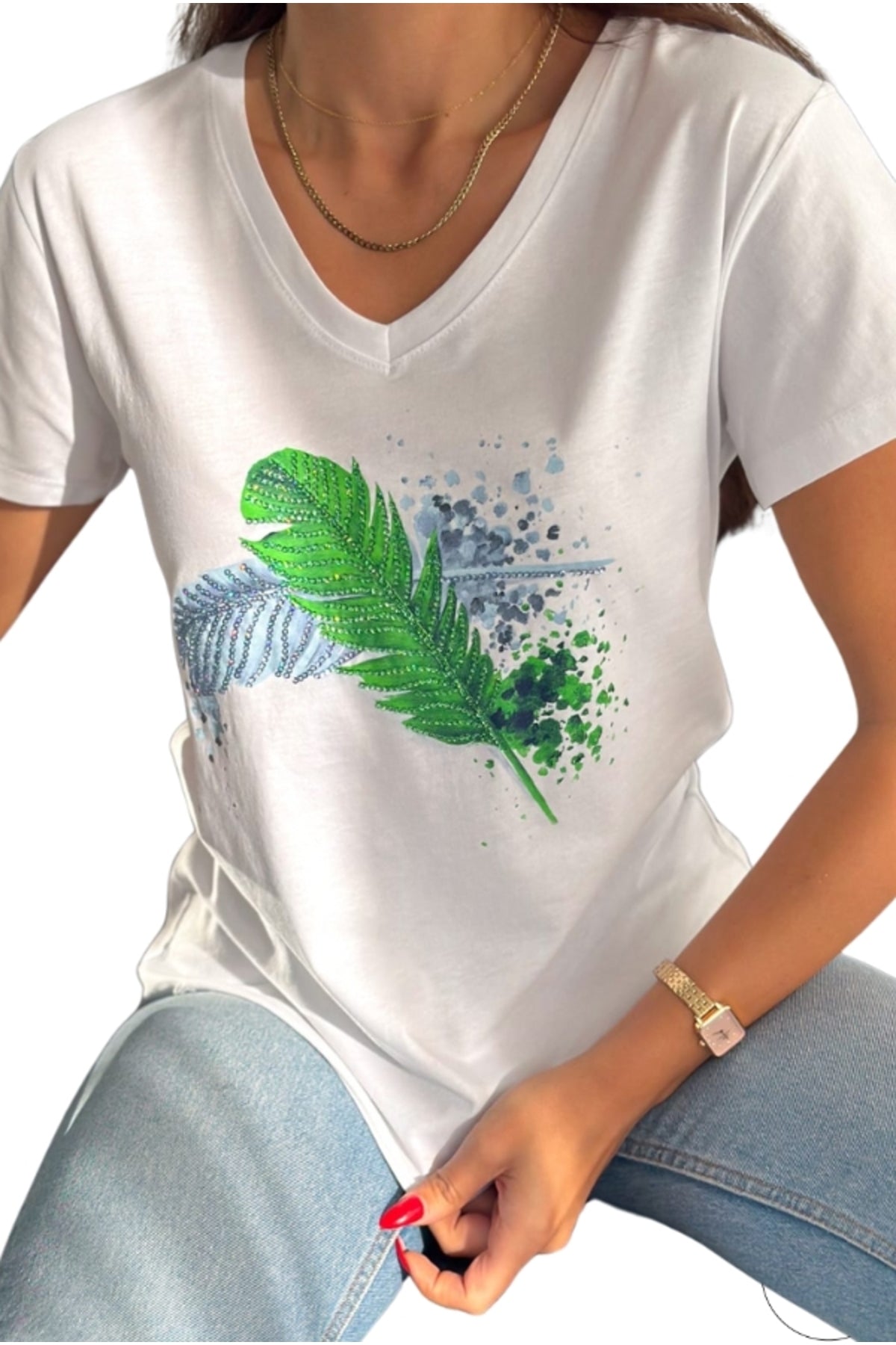 Olivia Women's Cotton Plus Size Embellished V-Neck T-Shirt - White with Blue and Green Leaf Sequins