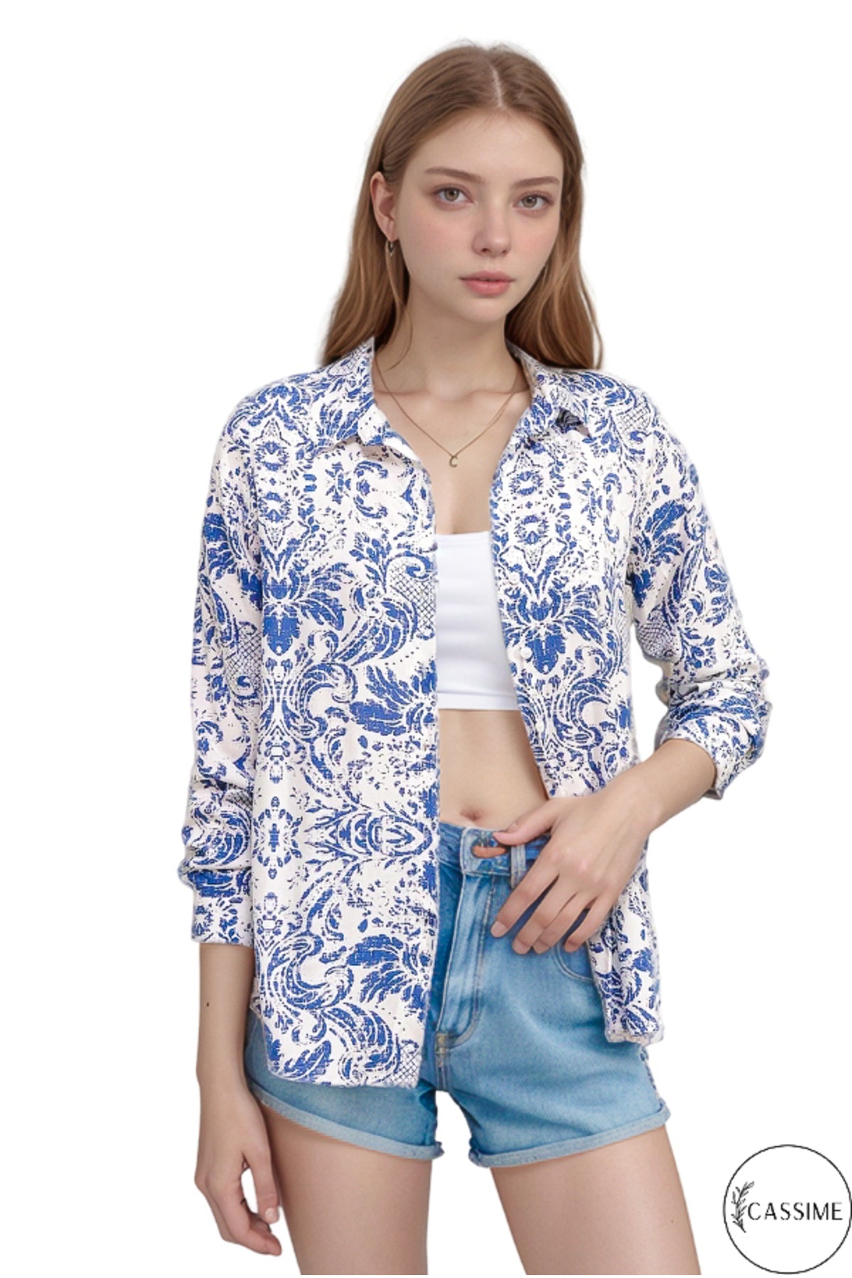 Eva Women's Viscose Graphic Print High-Low Shirt - Blue Graphic Print