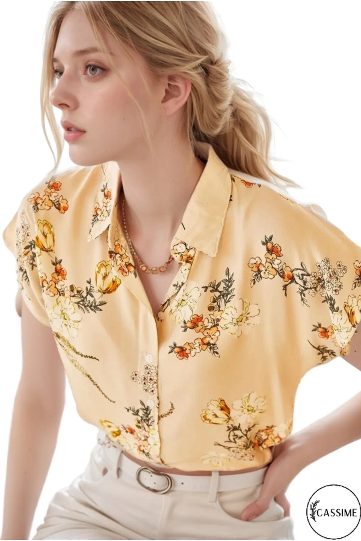 Chloe Women's Floral Short Sleeve Batwing Shirt - Beige Floral