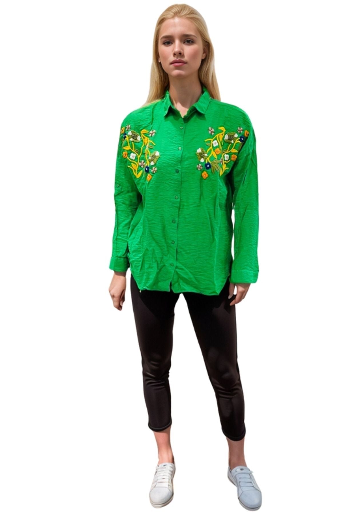 Claire Women's Floral Embellished Button-Up Shirt - Green Floral Embroidery