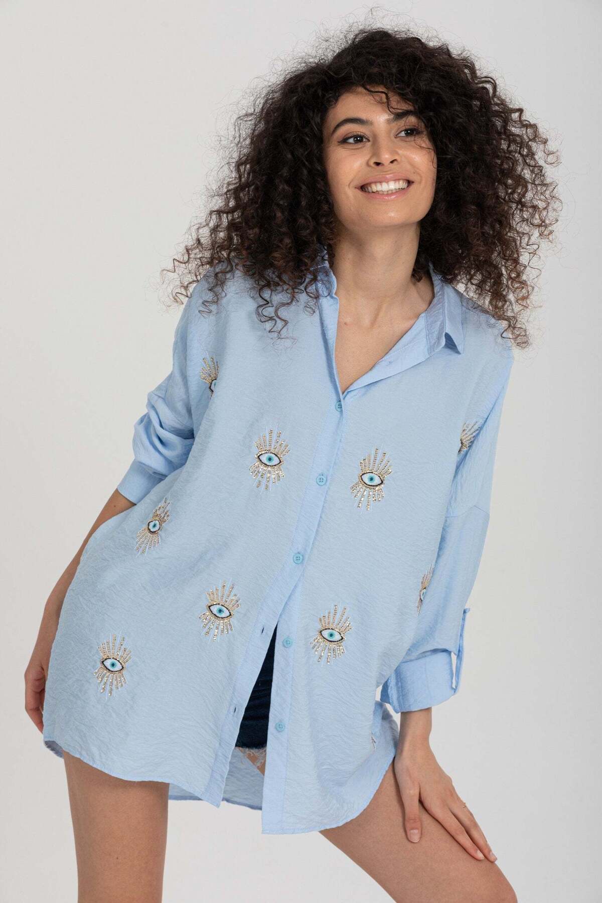 Delilah Women's Oversized Embellished Long Sleeve Shirt - Light Blue