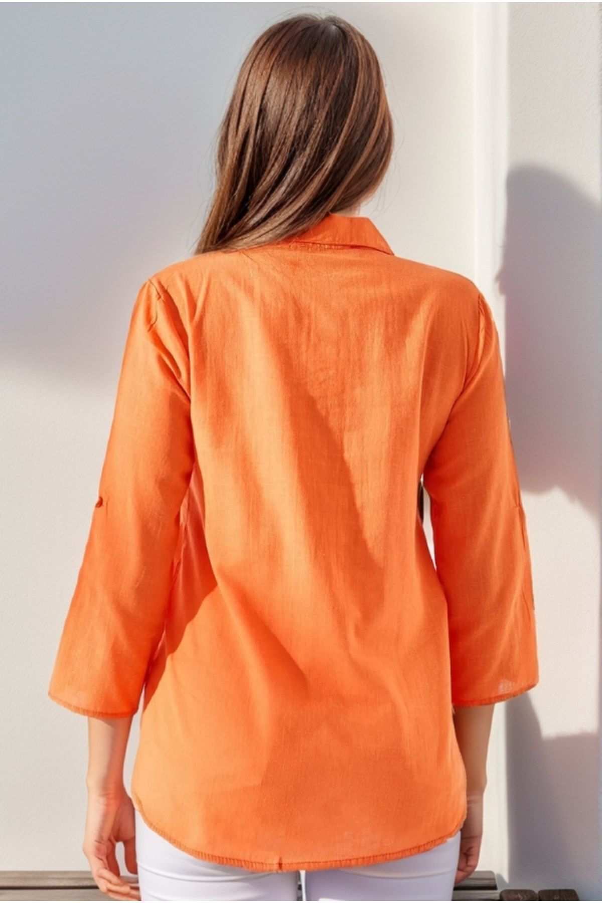 Robyn Women's Cotton Blend Roll-Sleeve Button-Up Shirt - Orange