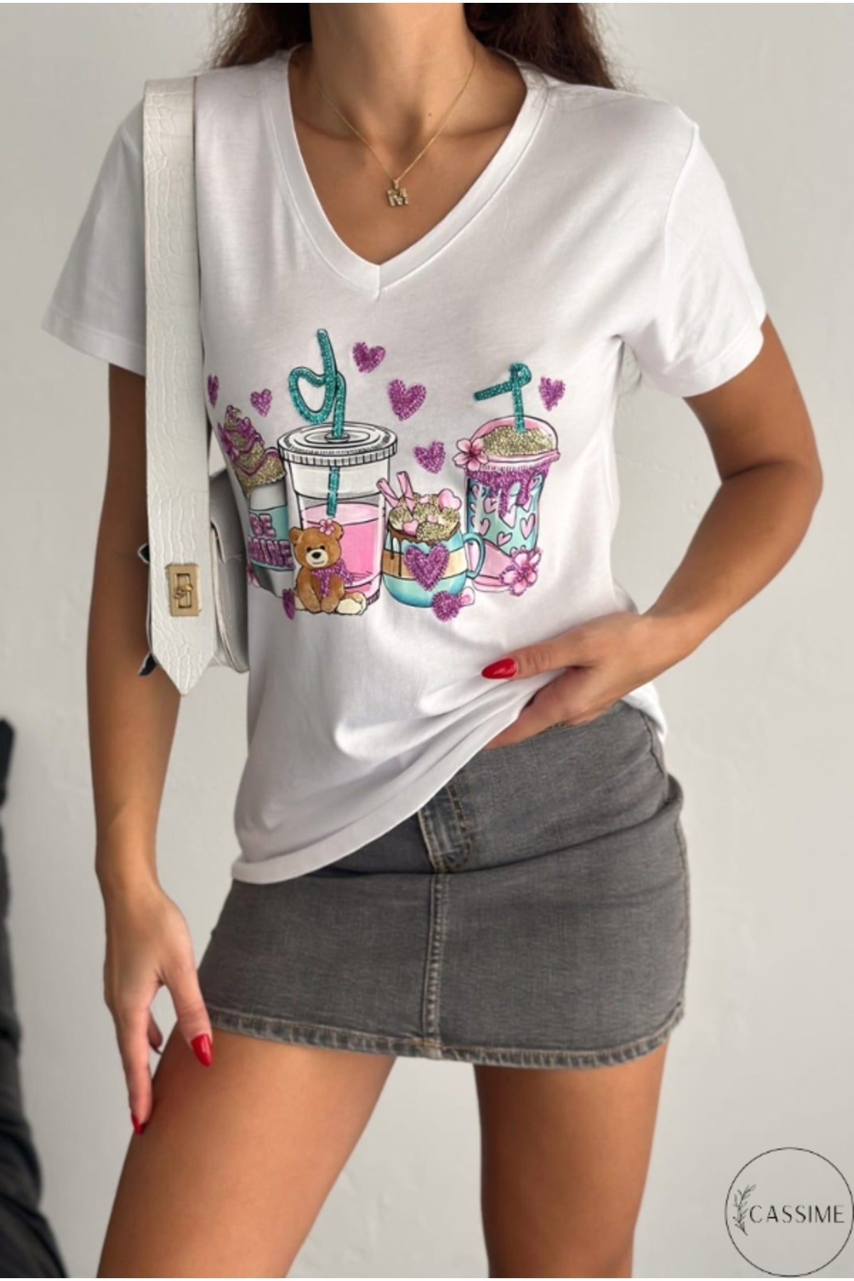 Olivia Women's Cotton Plus Size Embellished V-Neck T-Shirt - White Teddy Bear and Heart Print