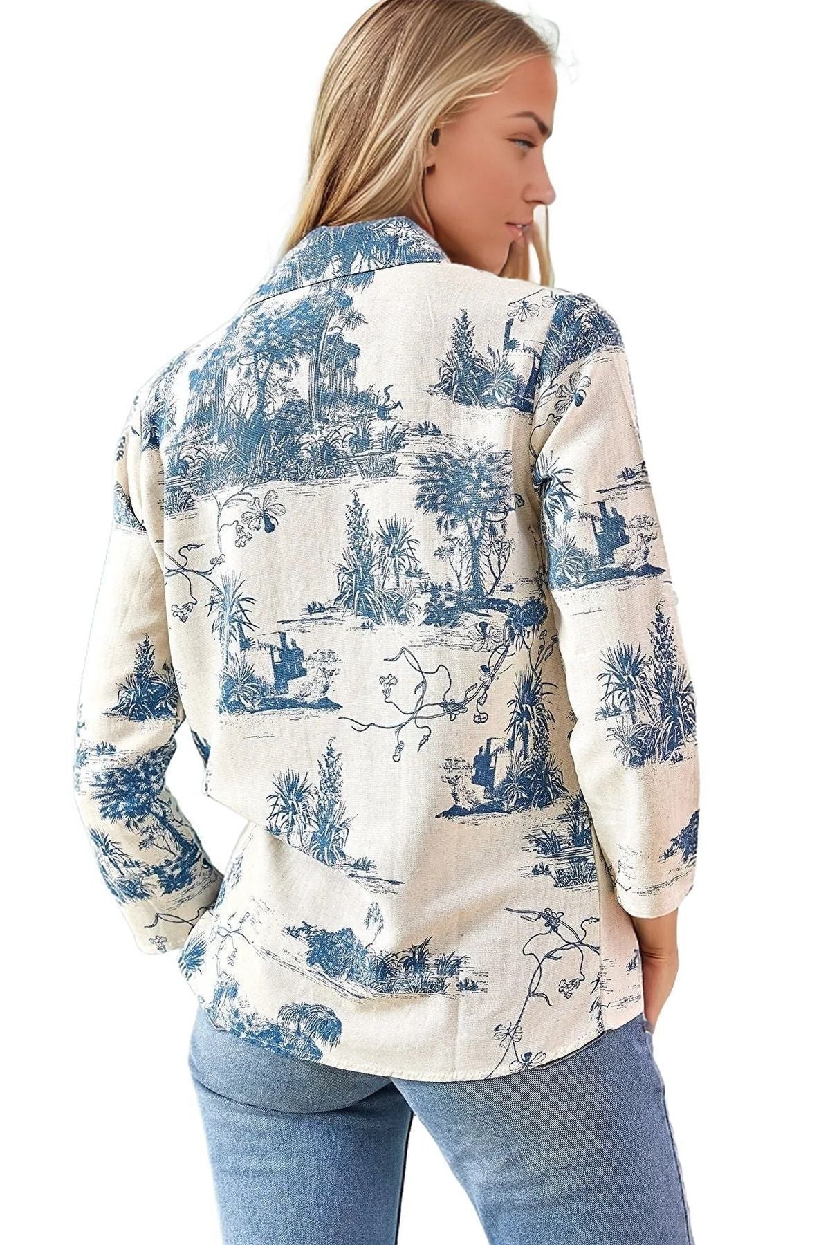 Amelia Women's Viscose Long Sleeve Button-Up Shirt - Blue Forest Print