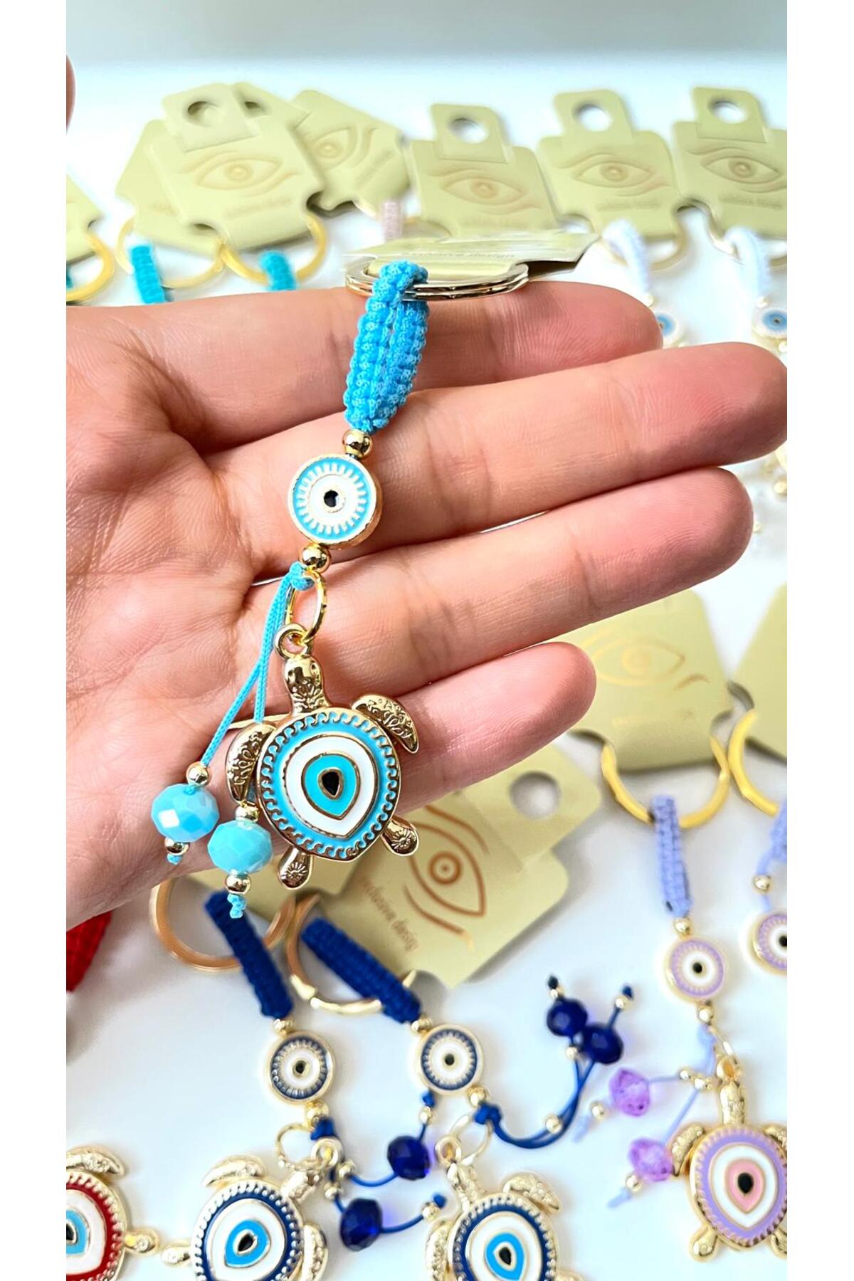 Ivy Gold-Plated Evil Eye Keychain - Light Blue Turtle Design