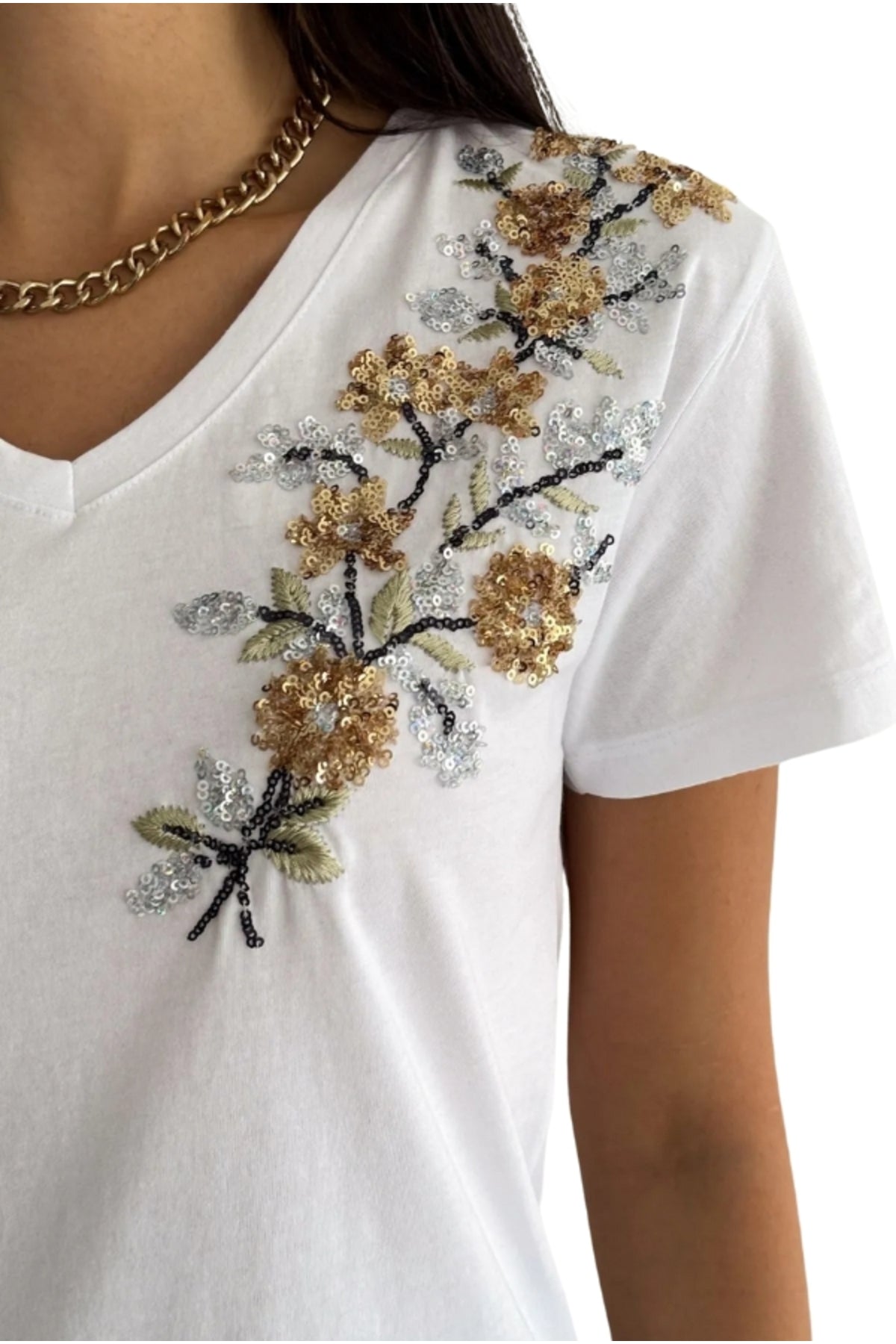 Olivia Women's Cotton Plus Size Embellished V-Neck T-Shirt - Gold Floral Embroidery