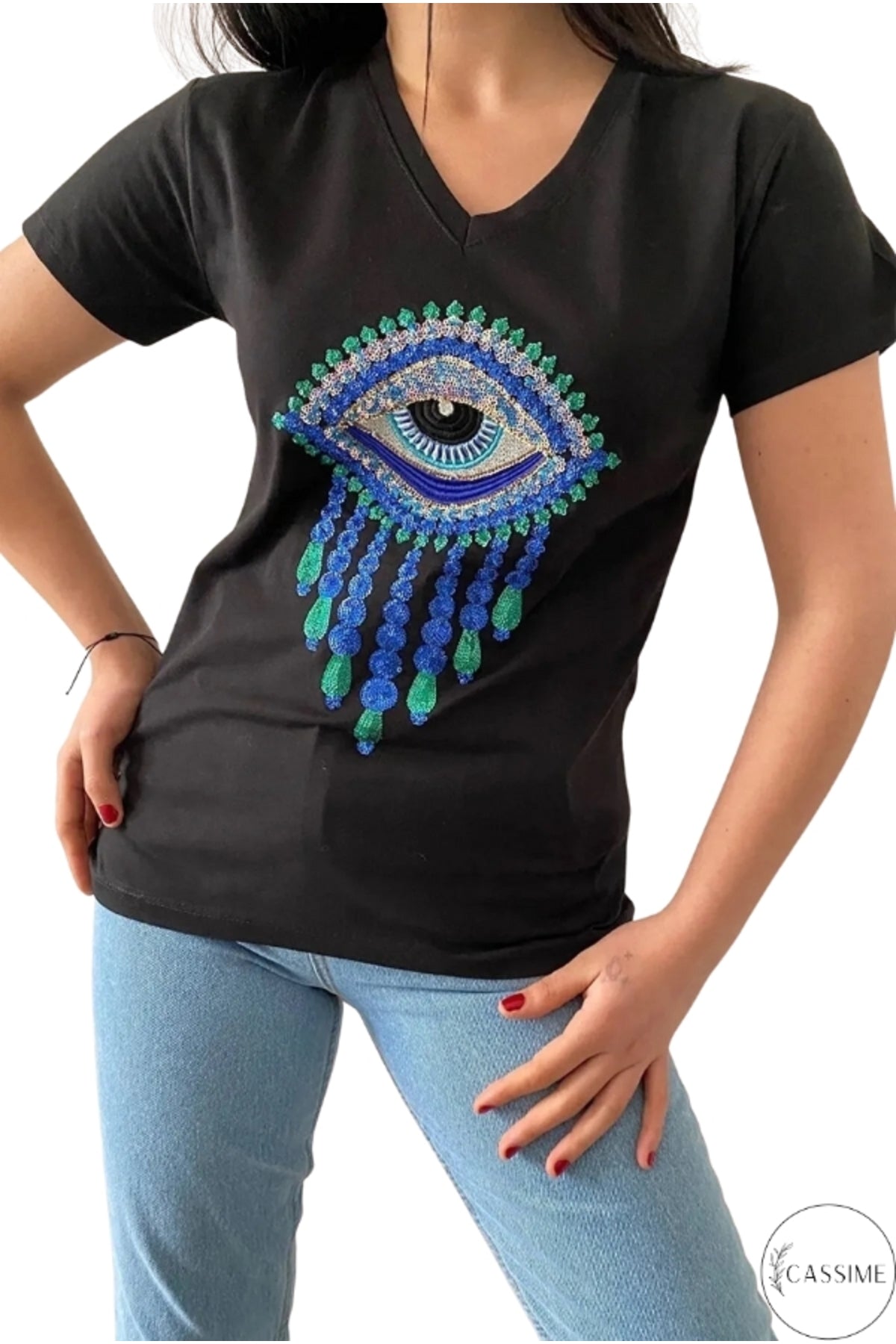 Olivia Women's Cotton Plus Size Embellished V-Neck T-Shirt - Black Evil Eye Pattern