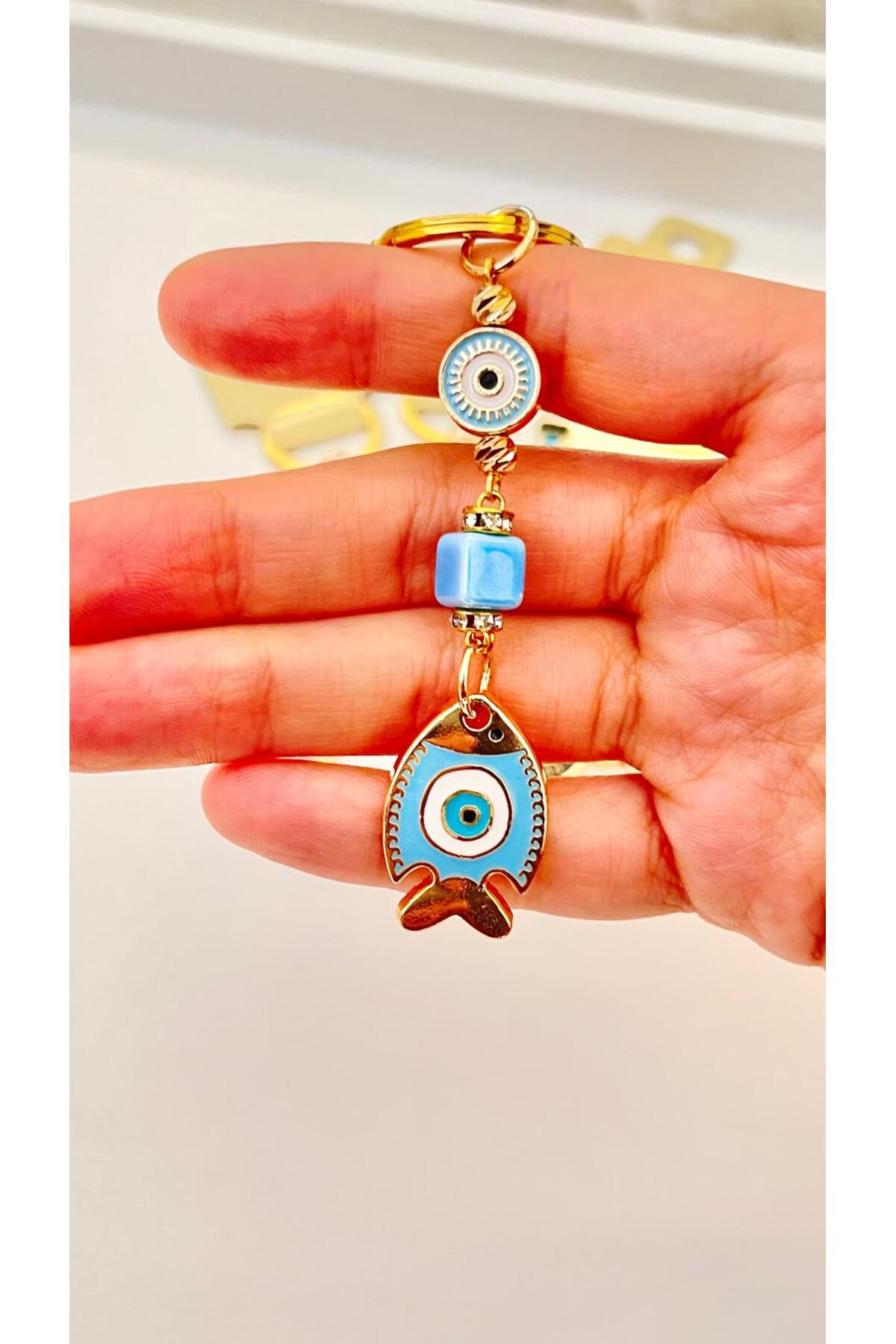 Hannah Gold-Plated Bodrum Bead Keychain - Blue Fish
