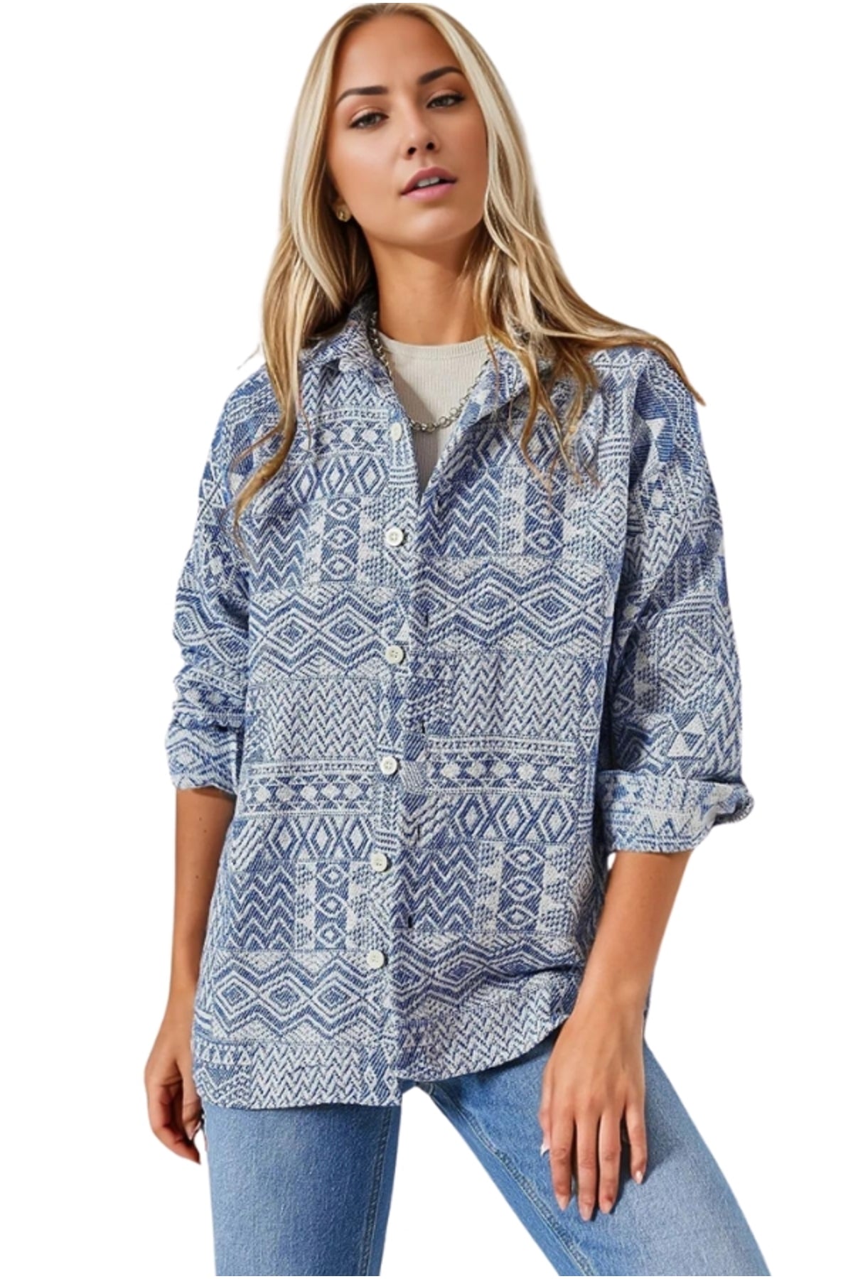 Ellen Women's Boho Print Button-Up Shacket - Blue Boho Print