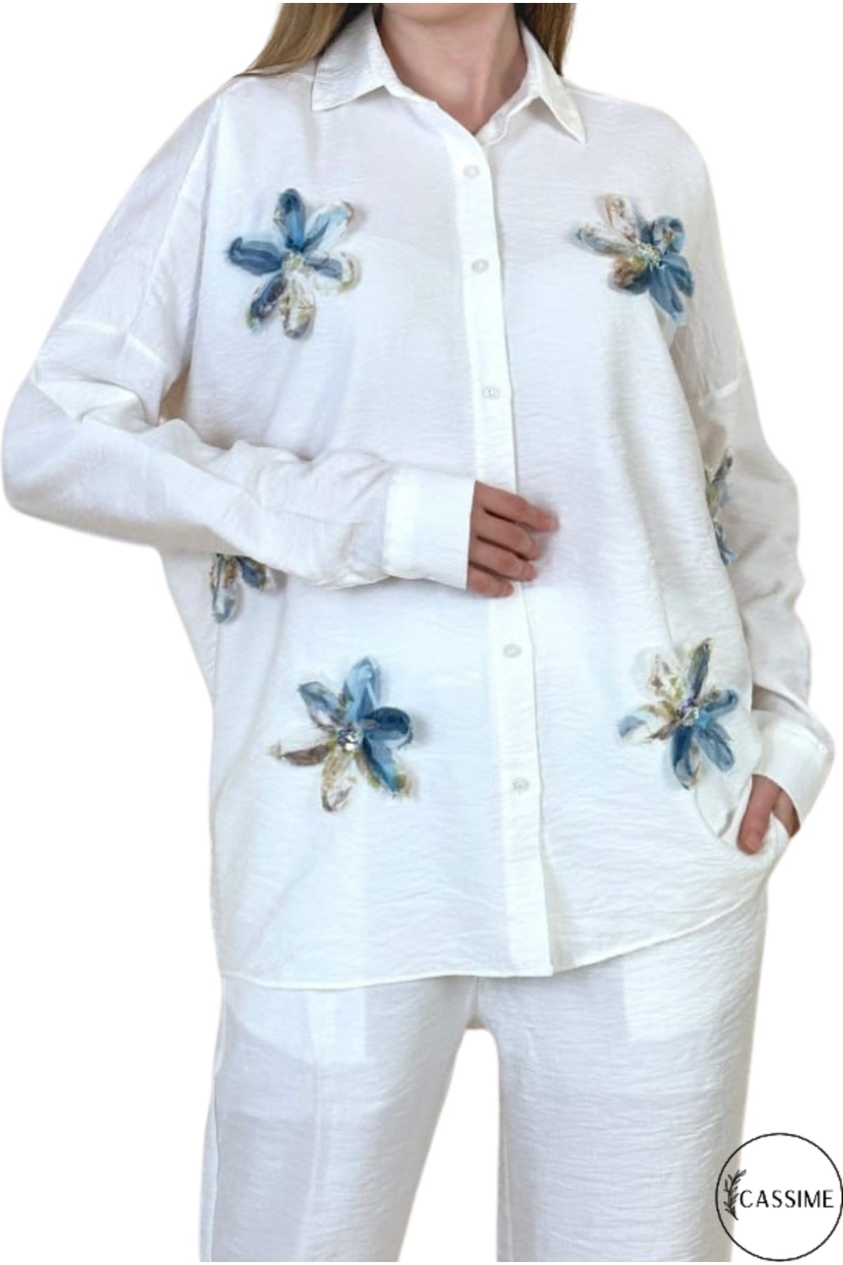 Delilah Women's Cotton Oversized Embellished Long Sleeve Shirt - White with Blue Tulle Embroidery