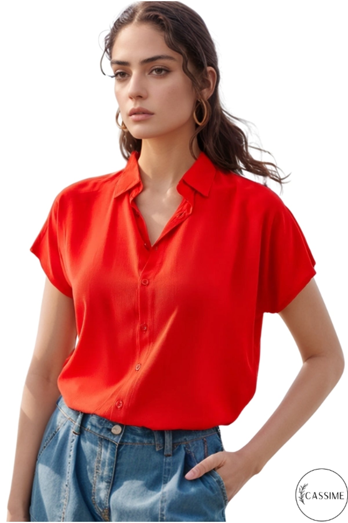 Esme Women's Short Sleeve Batwing Shirt - Solid Red