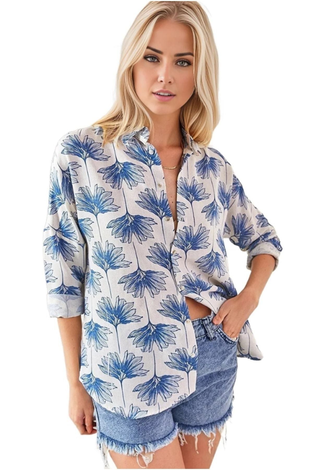 Emilia Women's Linen-Viscose Blend Oversized Printed Shirt - Blue Ginkgo