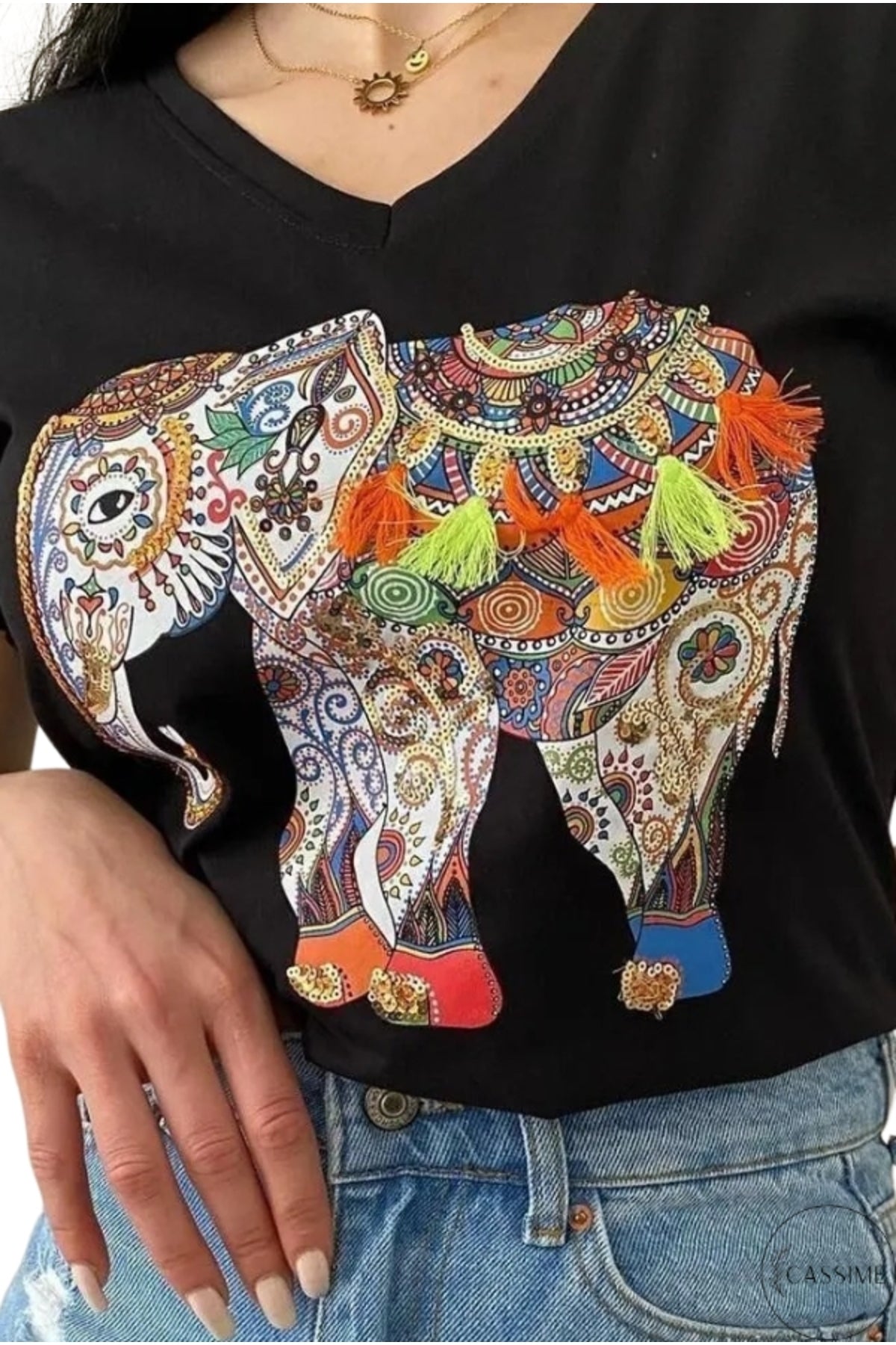 Sophie Women's Cotton Embellished V-Neck T-Shirt - Black with Multicolor Tassel Elephant