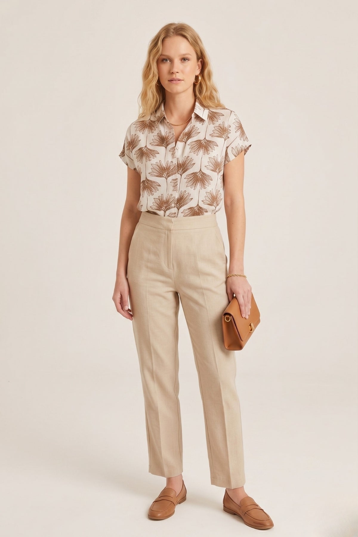 Freya Women's Linen-Viscose Blend Short Sleeve Batwing Shirt - Brown Ginkgo