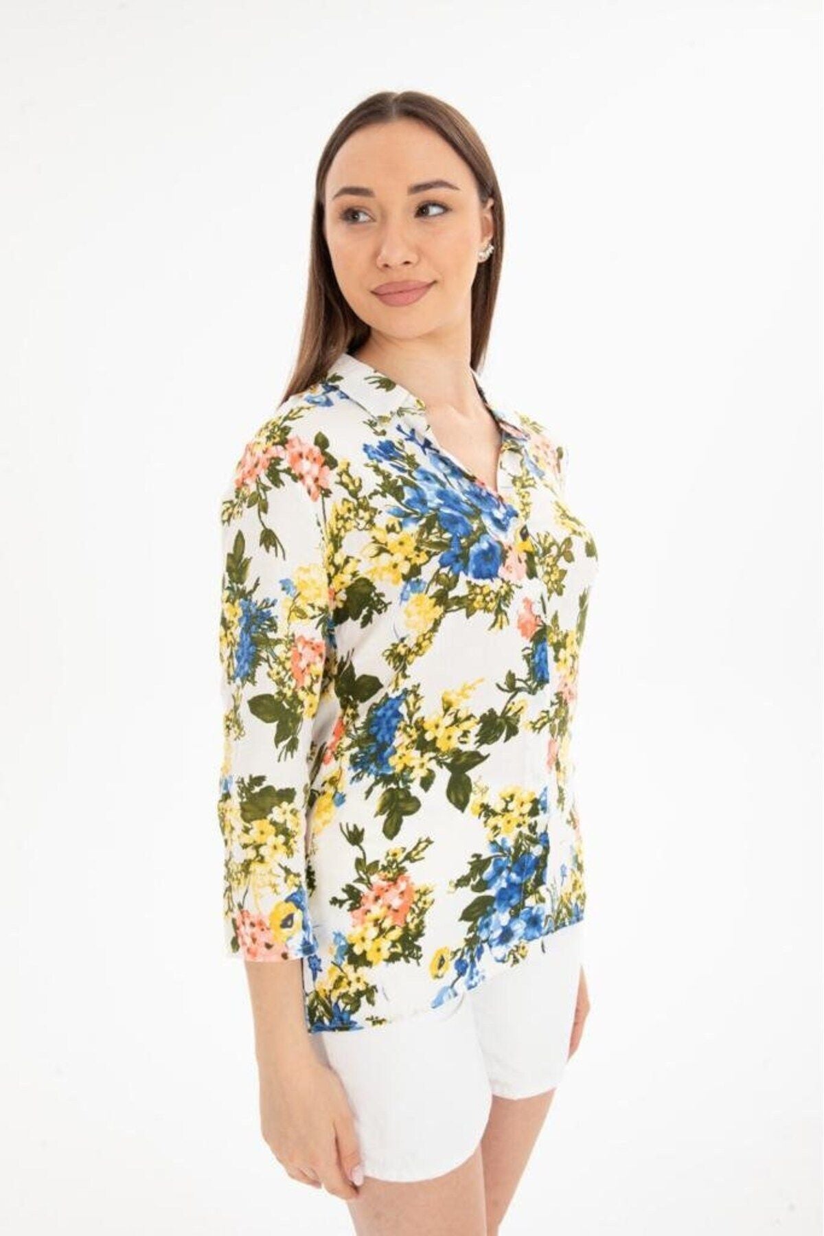 Amelia Women's Viscose Long Sleeve Button-Up Shirt - Ecru Bright Multicolor Floral
