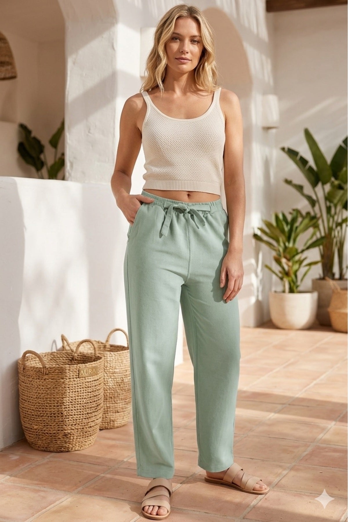 Victoria Women's Linen-Viscose Blend Belted Tapered Pants with Pockets - Almond Green