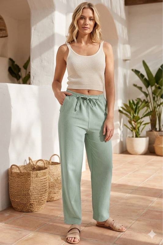 Victoria Women's Linen-Viscose Blend Belted Tapered Pants with Pockets - Almond Green