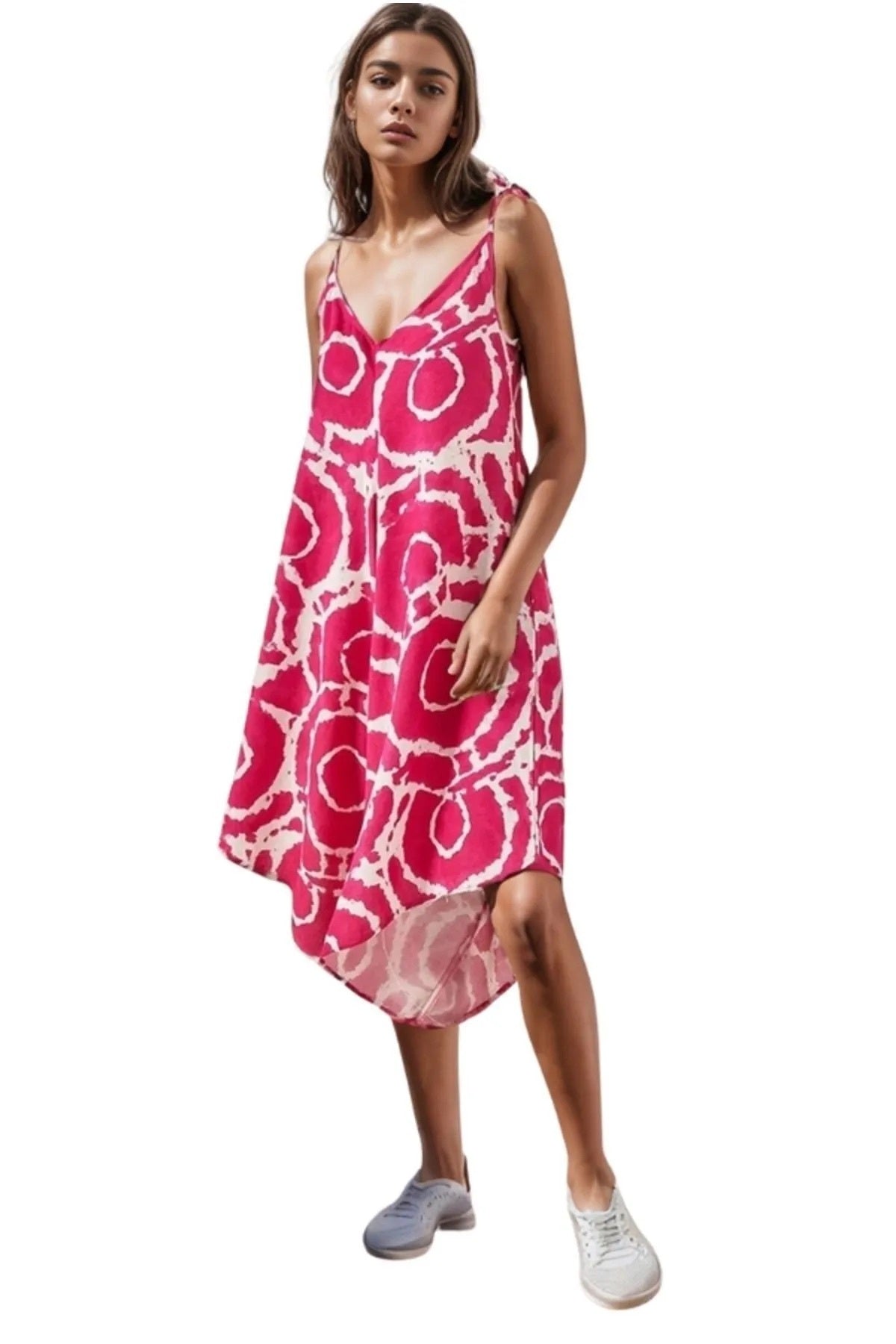 Eliza Women's Linen-Viscose Blend Relaxed Spaghetti Strap Jumpsuit - Pink Round Print