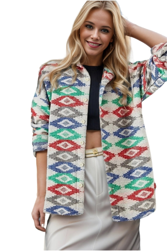 Ellen Women's Boho Print Button-Up Shacket - Blue and Green Red Print