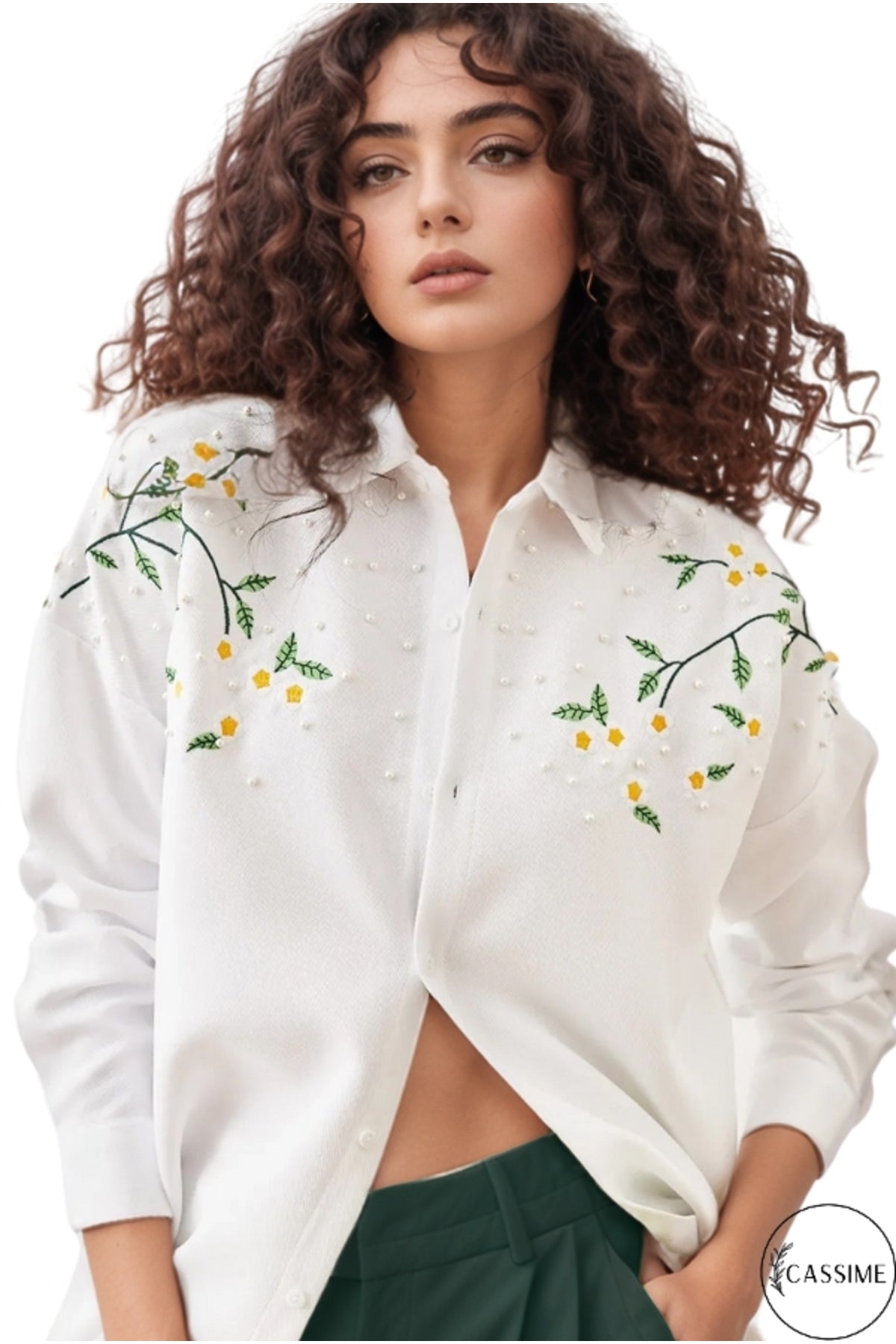 Lydia Women's Wool Daisy Embroidered Shacket - White