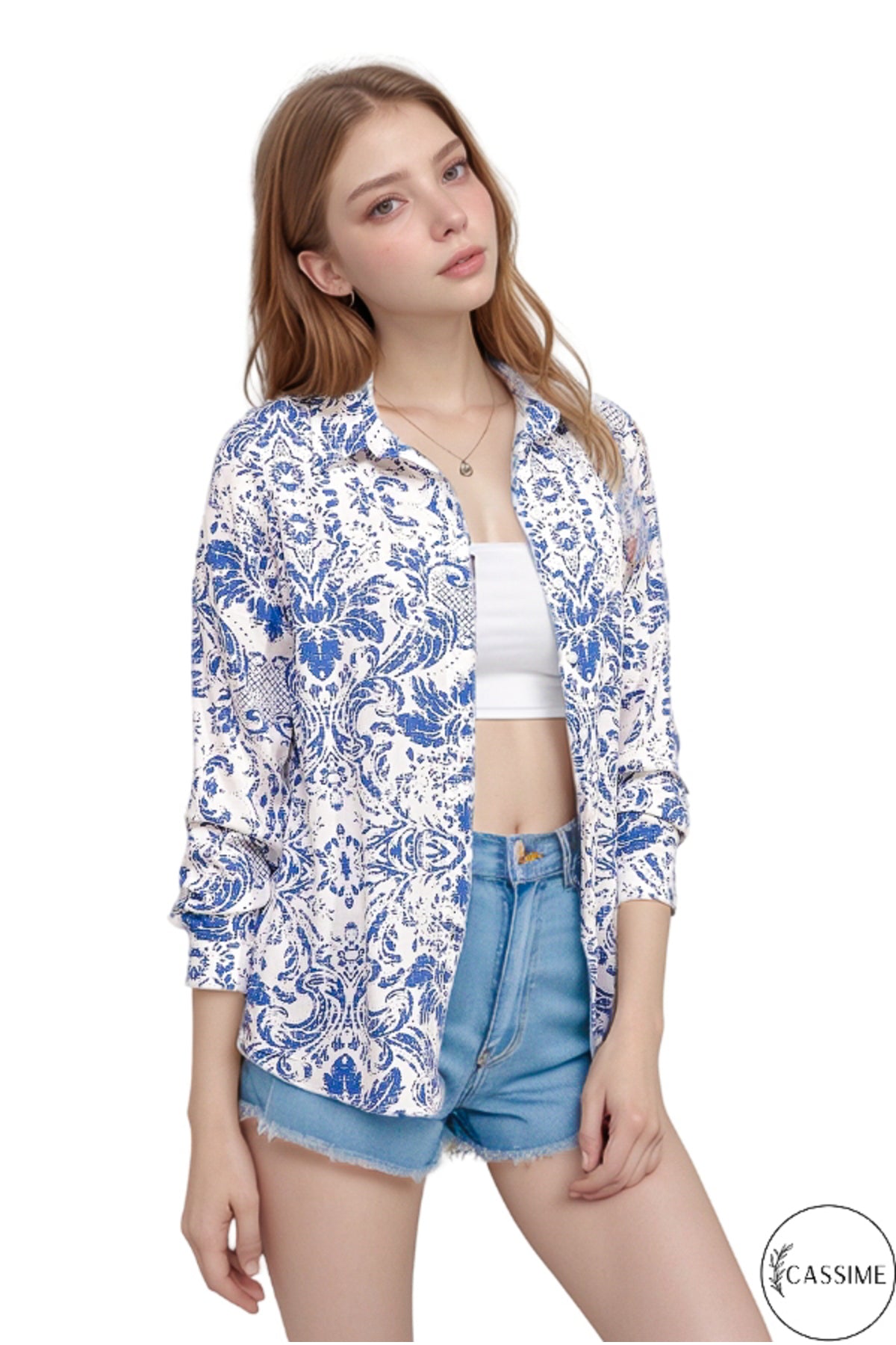 Eva Women's Viscose Graphic Print High-Low Shirt - Blue Graphic Print
