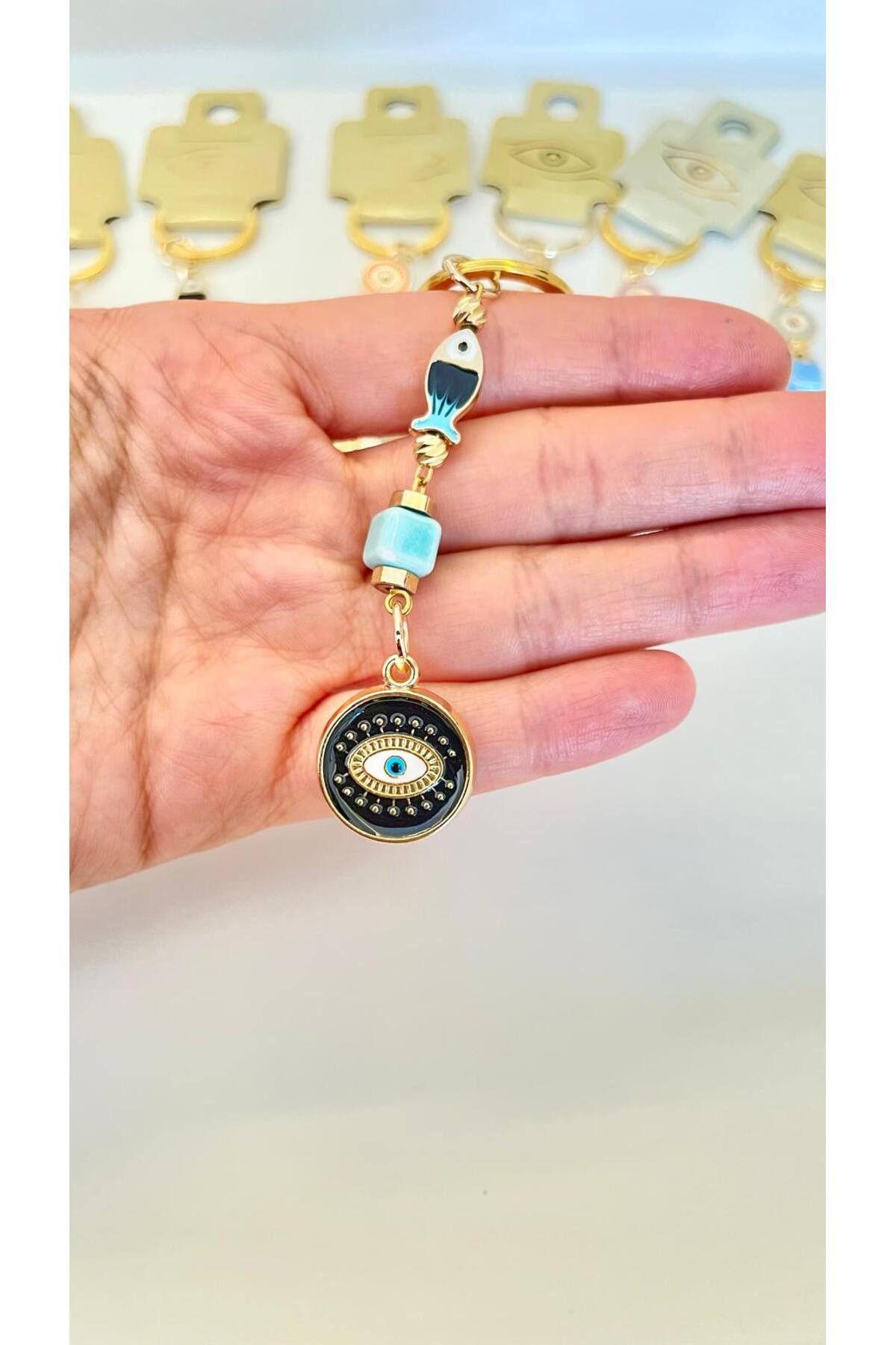 Hannah Gold-Plated Bodrum Bead Keychain - Black Evil Eye