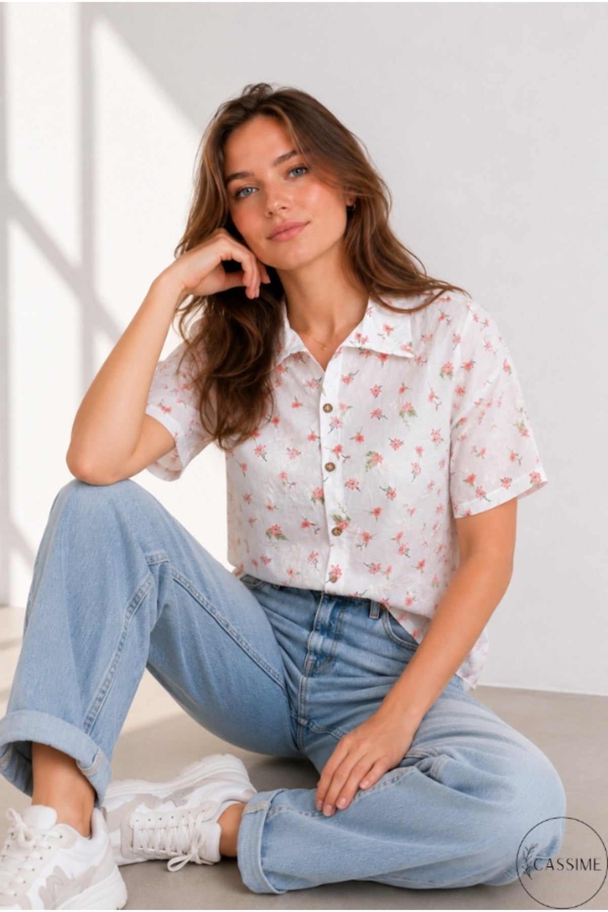 Alice Women's Cotton Floral Short Sleeve Shirt - Ecru with Pink Ditsy Floral Embroidery