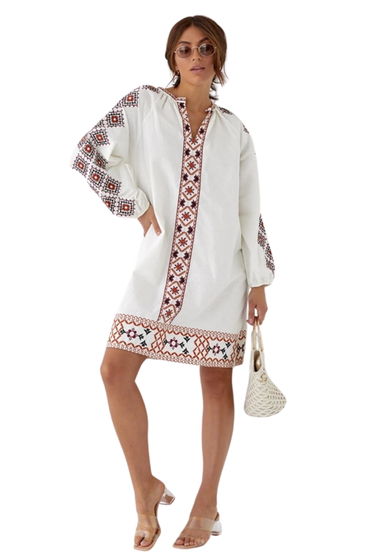 Susannah Women's Boho Embroidered Dress - White