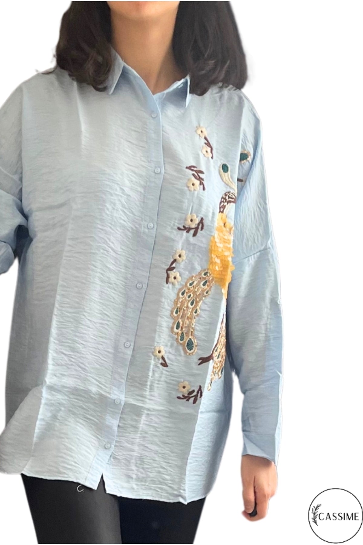 Emily Women's Peacock Sequin Oversized Shirt - Light Blue